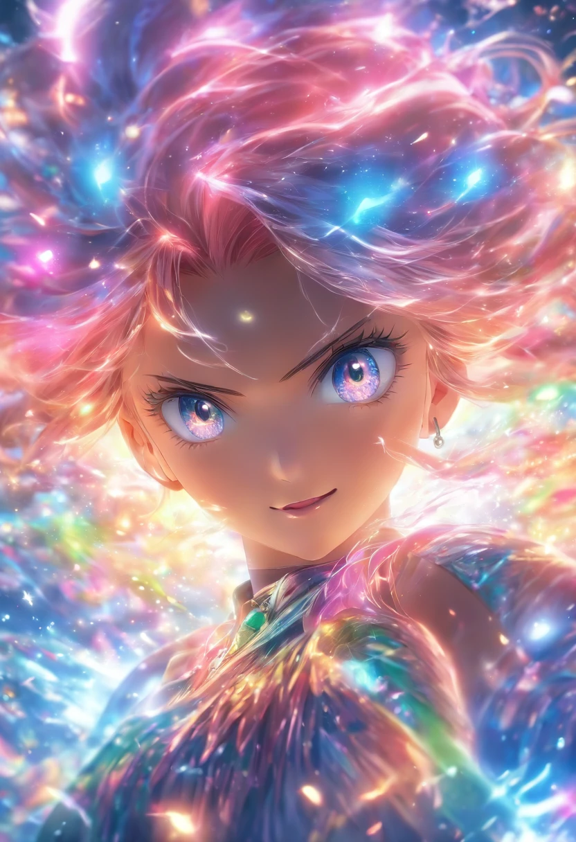 (Best quality at best,4K,8K,climaxing,main part:1.2),ultra - detailed,(actual,フォトリアリスティック,Photorealistic:1.37),Female with bright teary eyes,Rainbow-colored hair,cast brilliant spells,mystical forest,illustratio,Encantada Atmosphere,vivd colour,gentlesoftlighting