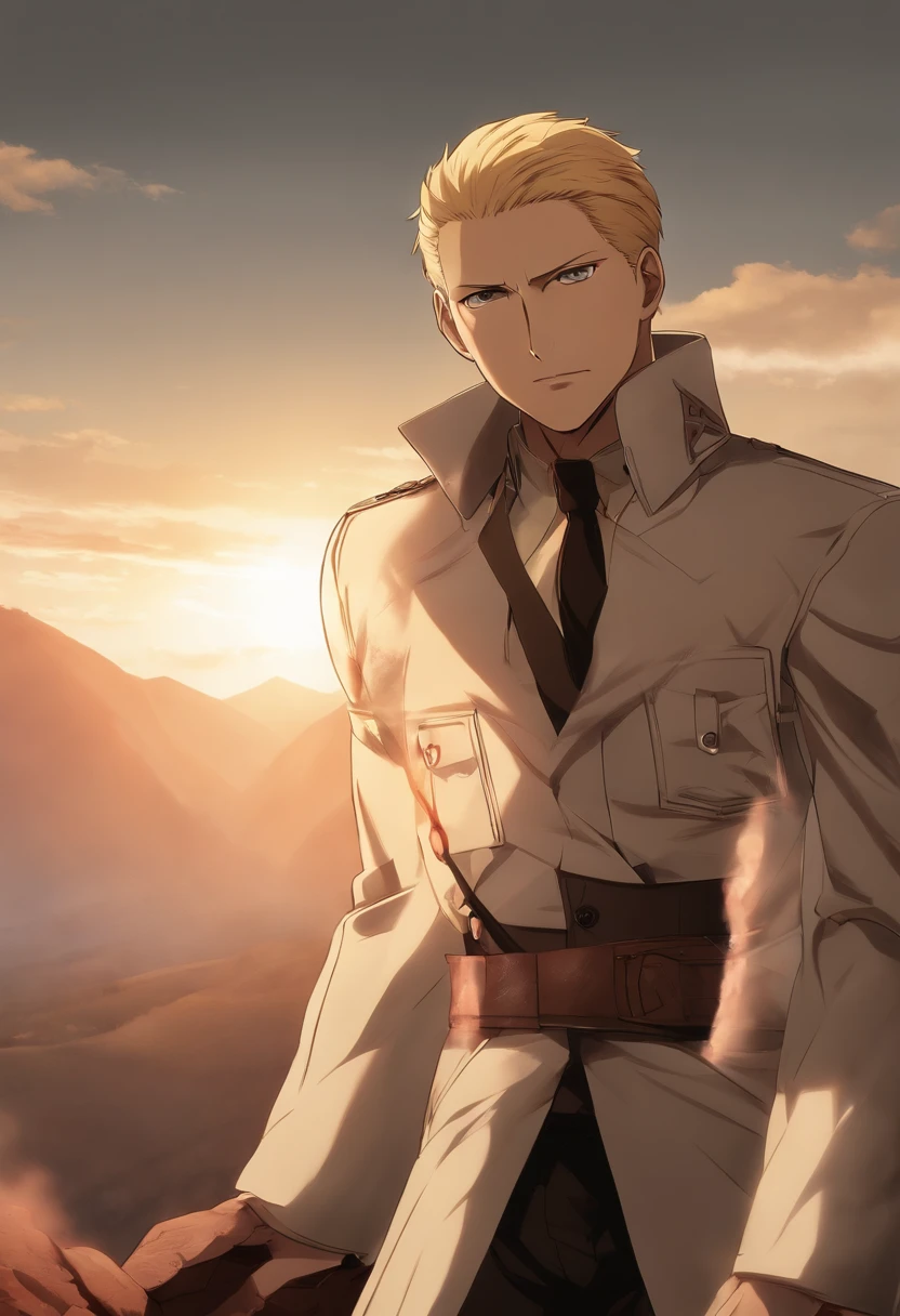 A photo of Reiner standing in front of a beautiful sunrise on top of a mountain, with a look of determination on his face.,Attack on Titan,Reiner Braun is tall, buff, with very short blonde hair and a very short stubble goatee, small amber eyes, thin eyebrows, very masculine features. Wears a long beige coat, white dress shirt, black tie, and a red armband with a white nine-pointed star on it. (Reiner Braun from Attack on Titan)