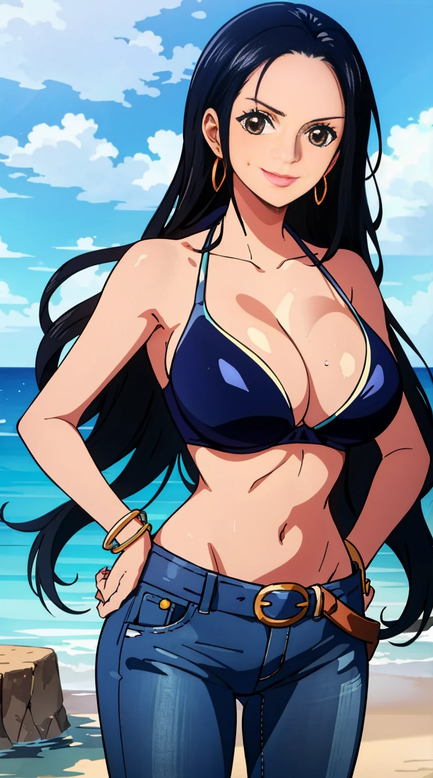 robin \(one piece\), 1girl, bangle, bangs, bare shoulders, belt, bikini, bikini top only, bracelet, breasts, brown eyes, bubble, ((big booty)), cleavage, denim, earrings, floating hair, belt, black bikini, groin, jeans, jewelry, (large breasts:1.9), (big breast:1.3), long hair, looking at own body, navel, black hair, pants, sidelocks, sky, smile, solo, stomach, swimsuit, cool face, (hand on hips:1.4), (sweaty:1,2), shy, flusttered, (((masterpiece)))