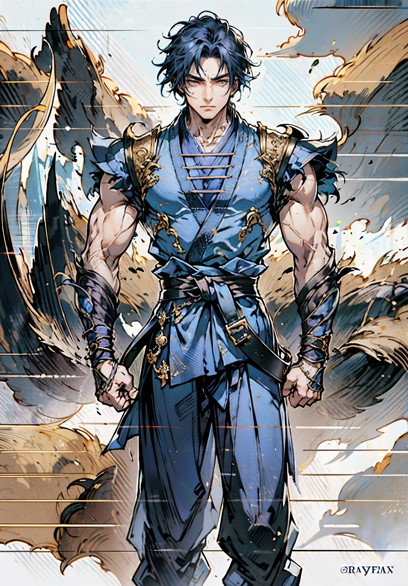 A young man, indigo blue hair, raised and fluffy short hairstyle, sharp gaze, a serious expression, a fantasy martial arts style sky-blue fabric kung fu outfit, tattered sleeves, hands wrapped with cords, a linen belt tied around the waist, coarse fabric trousers, on the cliff in the darkness of the night, this character embodies a finely crafted fantasy martial arts-style fighter in anime style, exquisite and mature manga art style, high definition, best quality, highres, ultra-detailed, ultra-fine painting, extremely delicate, professional, anatomically correct, symmetrical face, extremely detailed eyes and face, high quality eyes, creativity, RAW photo, UHD, 8k, Natural light, cinematic lighting, masterpiece-anatomy-perfect, masterpiece:1.5