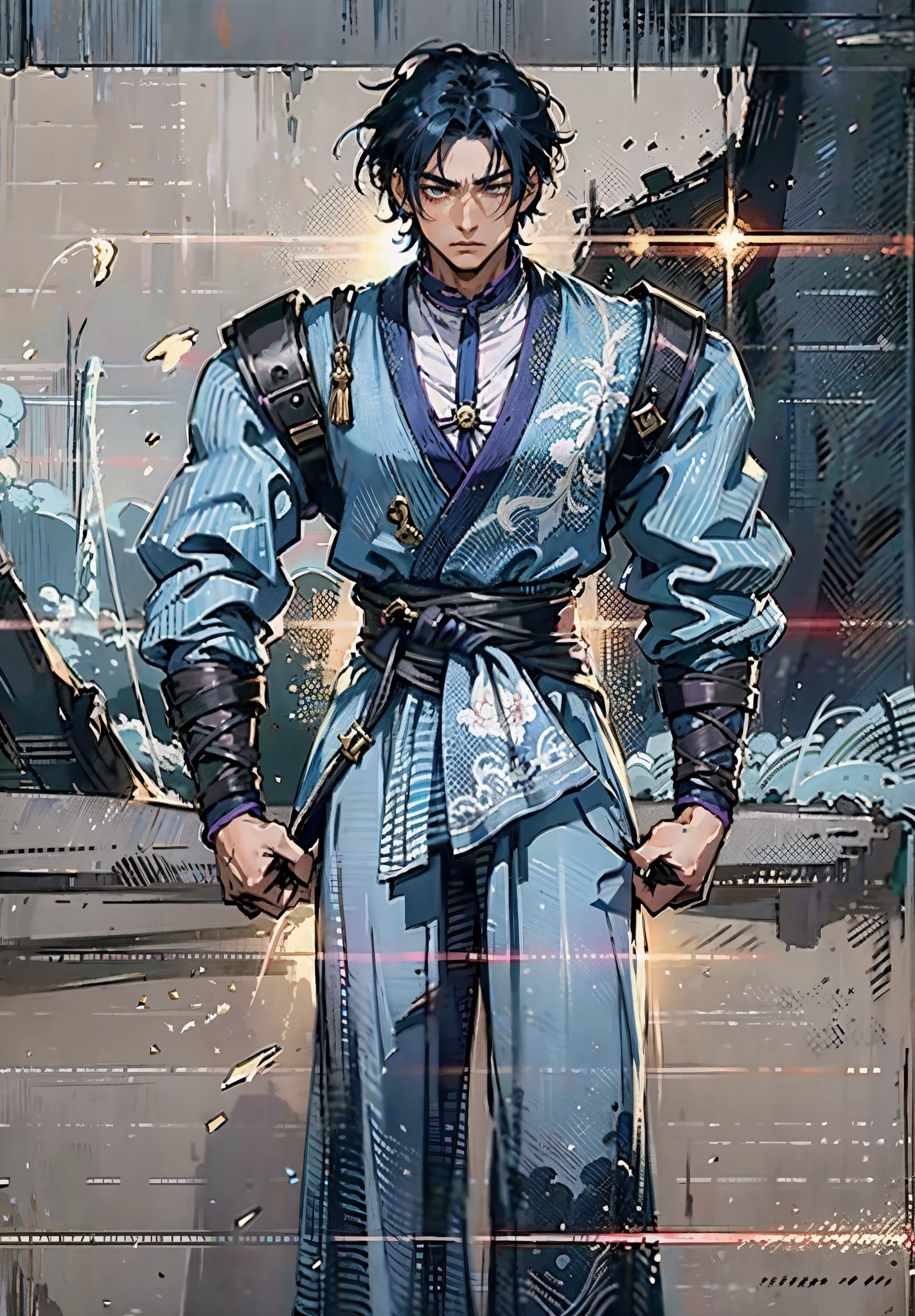 A young man, indigo blue hair, raised and fluffy short hairstyle, sharp gaze, a serious expression, a fantasy martial arts style sky-blue fabric kung fu outfit, tattered sleeves, hands wrapped with cords, a linen belt tied around the waist, coarse fabric trousers, on the cliff in the darkness of the night, this character embodies a finely crafted fantasy martial arts-style fighter in anime style, exquisite and mature manga art style, high definition, best quality, highres, ultra-detailed, ultra-fine painting, extremely delicate, professional, anatomically correct, symmetrical face, extremely detailed eyes and face, high quality eyes, creativity, RAW photo, UHD, 8k, Natural light, cinematic lighting, masterpiece-anatomy-perfect, masterpiece:1.5