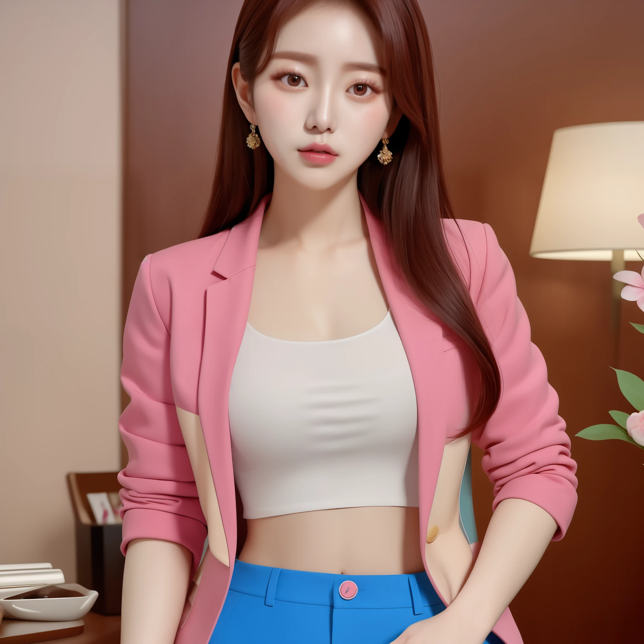 There is a woman in a pink jacket posing for a photo, gorgeous young korean woman, Inspired by Shen Si Zheng, Korean girls, Korean female fashion model, beautiful Korean women, beautiful young korean woman, Portrait of a Korean female idol, digital art of an elegant, Nam Jae-yeon, korean woman, Inspired by Kim Chung Hee, 韓国アイドル
