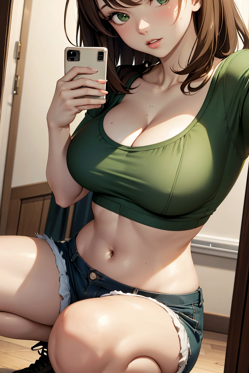 brunette in shorts and a green bra, squatting, taking a selfie