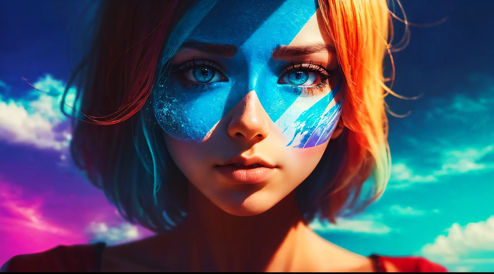 double contact，Oliver Morris double exposure photography style，girl portrait，Close-up cleavage，sky sky，with blue sky and white clouds，Colorful，vivd colour，a true，フォトリアリスティック，k hd，8K分辨率，tmasterpiece