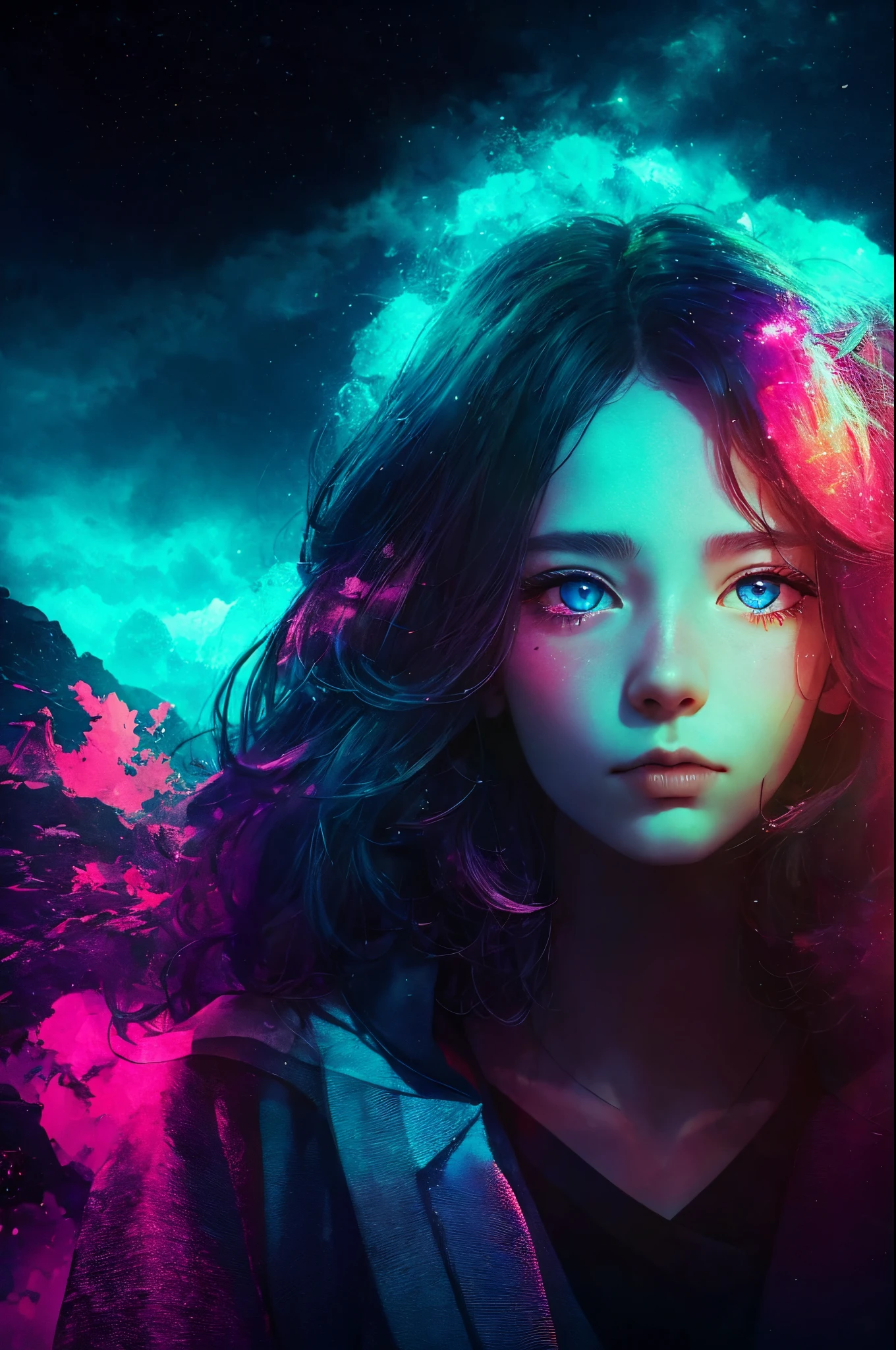 double contact,Oliver Morris double exposure photography style,girl portrait,Close-up cleavage,sky sky,with blue sky and white clouds,Colorful,vivd colour,a true,フォトリアリスティック,k hd,8K分辨率,tmasterpiece