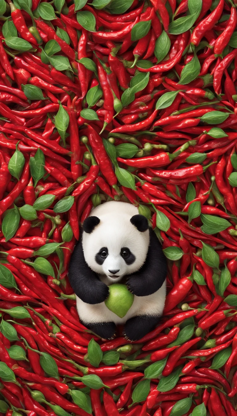 chili pepper、pepper、Green peppercorns、Arranged in the shape of a giant panda、No physical panda、Physical panda cannot appear、Shot from a bird&#39;s eye view