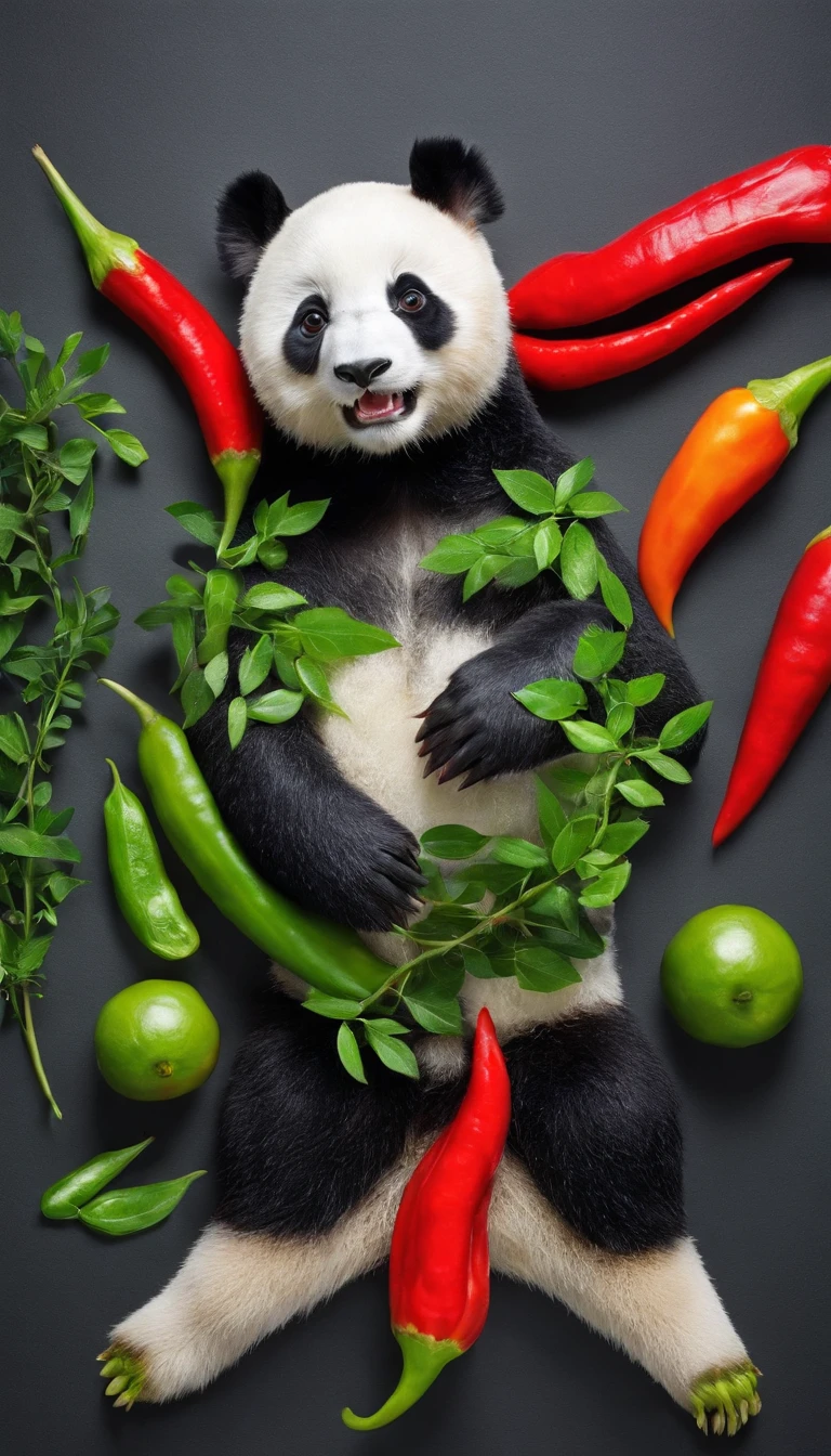 chili pepper、pepper、Green peppercorns、Arranged in the shape of a giant panda、No physical panda、Physical panda cannot appear、Shot from a bird's eye view