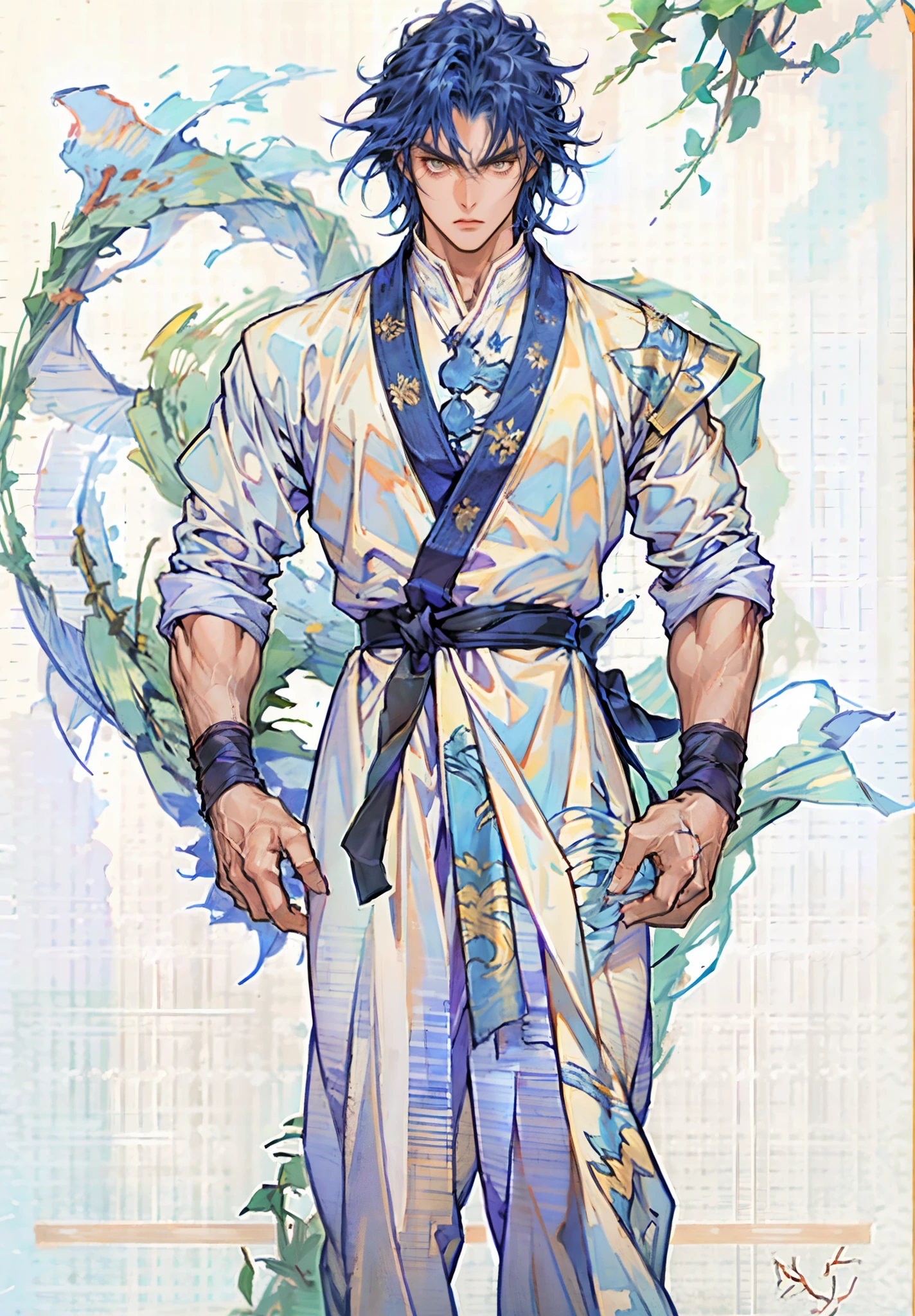 A young man, indigo blue hair, raised and fluffy short hairstyle, sharp gaze, a serious expression, a fantasy martial arts style sky-blue fabric kung fu outfit, tattered sleeves, hands wrapped with cords, a linen belt tied around the waist, coarse fabric trousers, on the cliff in the darkness of the night, this character embodies a finely crafted fantasy martial arts-style fighter in anime style, exquisite and mature manga art style, full body character drawing, high definition, best quality, highres, ultra-detailed, ultra-fine painting, extremely delicate, professional, anatomically correct, symmetrical face, extremely detailed eyes and face, high quality eyes, creativity, RAW photo, UHD, 8k, Natural light, cinematic lighting, masterpiece-anatomy-perfect, masterpiece:1.5