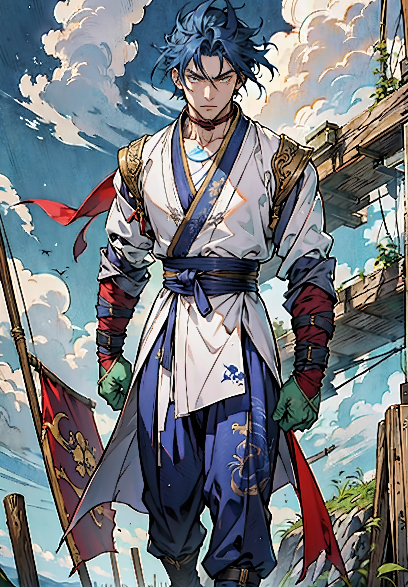 A young man, indigo blue hair, raised and fluffy short hairstyle, sharp gaze, a serious expression, a fantasy martial arts style sky-blue fabric kung fu outfit, tattered sleeves, hands wrapped with cords, a linen belt tied around the waist, coarse fabric trousers, on the cliff in the darkness of the night, this character embodies a finely crafted fantasy martial arts-style fighter in anime style, exquisite and mature manga art style, high definition, best quality, highres, ultra-detailed, ultra-fine painting, extremely delicate, professional, anatomically correct, symmetrical face, extremely detailed eyes and face, high quality eyes, creativity, RAW photo, UHD, 8k, Natural light, cinematic lighting, masterpiece-anatomy-perfect, masterpiece:1.5