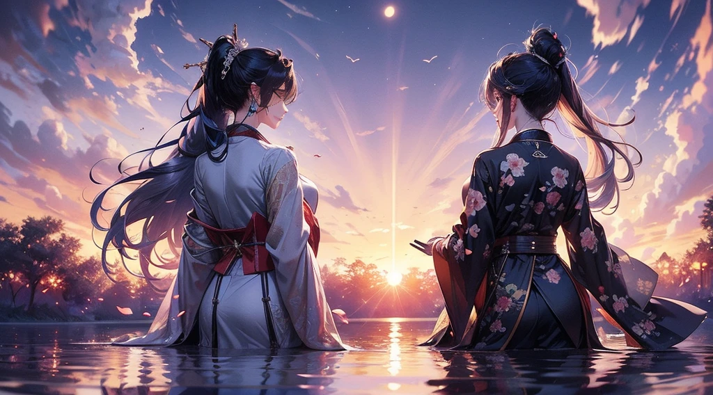 solo, beautiful female, wuxiaworld, Ancient Chinese Articles of Clothing, ancient customs, wind blow, blossom, pond, night, moon relection in the pond, blue hair, purple hair, ponytail, long hair, lonely, gradient hair, black hair, silver hair, long hair, ray tracing, reflection light, depth of field, from behind, multiple views, panorama, masterpiece, best quality, high details, high quality, ccurate, textured skin, UHD