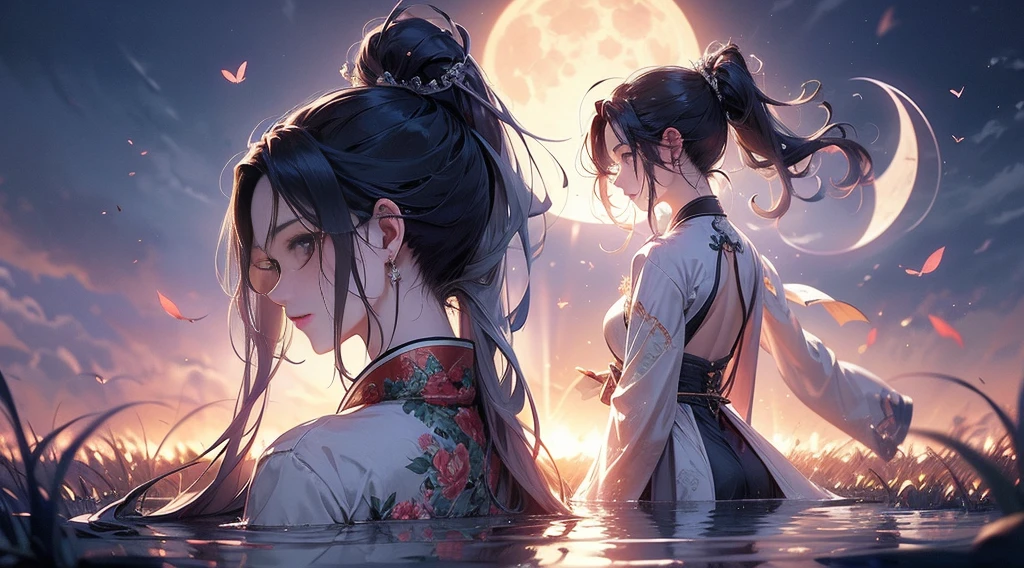 1girl, breasts, moon, lantern, night, solo, large breasts, hair ornament, wet, kimono, japanese clothes, wading, water, hair flower, flower, outdoors, sky, full moon, rain, black hair, off shoulder, mountain, cloud, holding, sash, bare shoulders, paper lantern, standing, white kimono, night sky, sideboob, obi, wet clothes, bangs, tree, from side, reflection, short hair, cloudy sky, wet hair (((masterpiece),(extremely detailed CG unity 8k wallpaper),best quality,,solo,1girl,cinematic lighting,detailed background,beautiful detailed eyes,bright pupils, (an extremely delicate and beautiful),(Beautiful and detailed eye description), ultra-detailed,masterpiece,)),