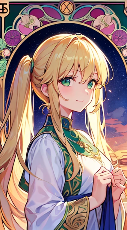 absurdres, best quality, fine detailed, 8k, tarot card style frame, Alphonse Mucha, art nouveau, art deco, 1girl, ancient Greek dress, chiton, flowers in hair, messy hair, blond hair, green eyes, twintails, medium straight hair, cheerful, smile, garden, leaves, petals, Beautifully detailed eyes, beautiful shiny detailed hair, warm light, upper body