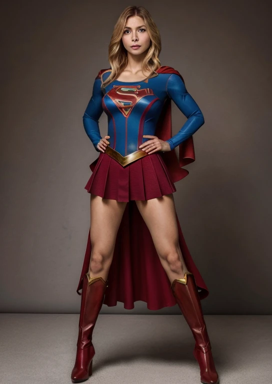 Obra maestra, una imagen de cuerpo completo de la bella Supergirl, traje rojo y azul, hermosa mujer diosa rubia Supergirl, con botas brillantes, en pose de lucha, Supergirl