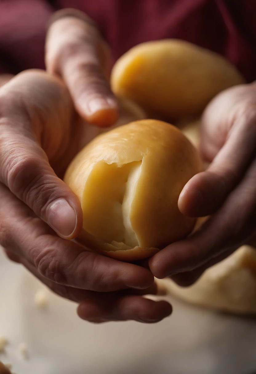 A close-up shot of a chef’s hand holding a peeled potato, with the smooth and creamy texture of the flesh on display, creating a visually tactile and culinary scene.