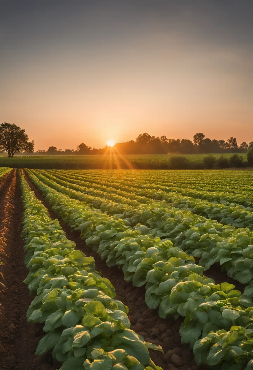 A high-resolution image of a potato field at sunset, with rows of lush green plants and the warm light casting a soft glow on the foliage, capturing the beauty and abundance of this staple crop.