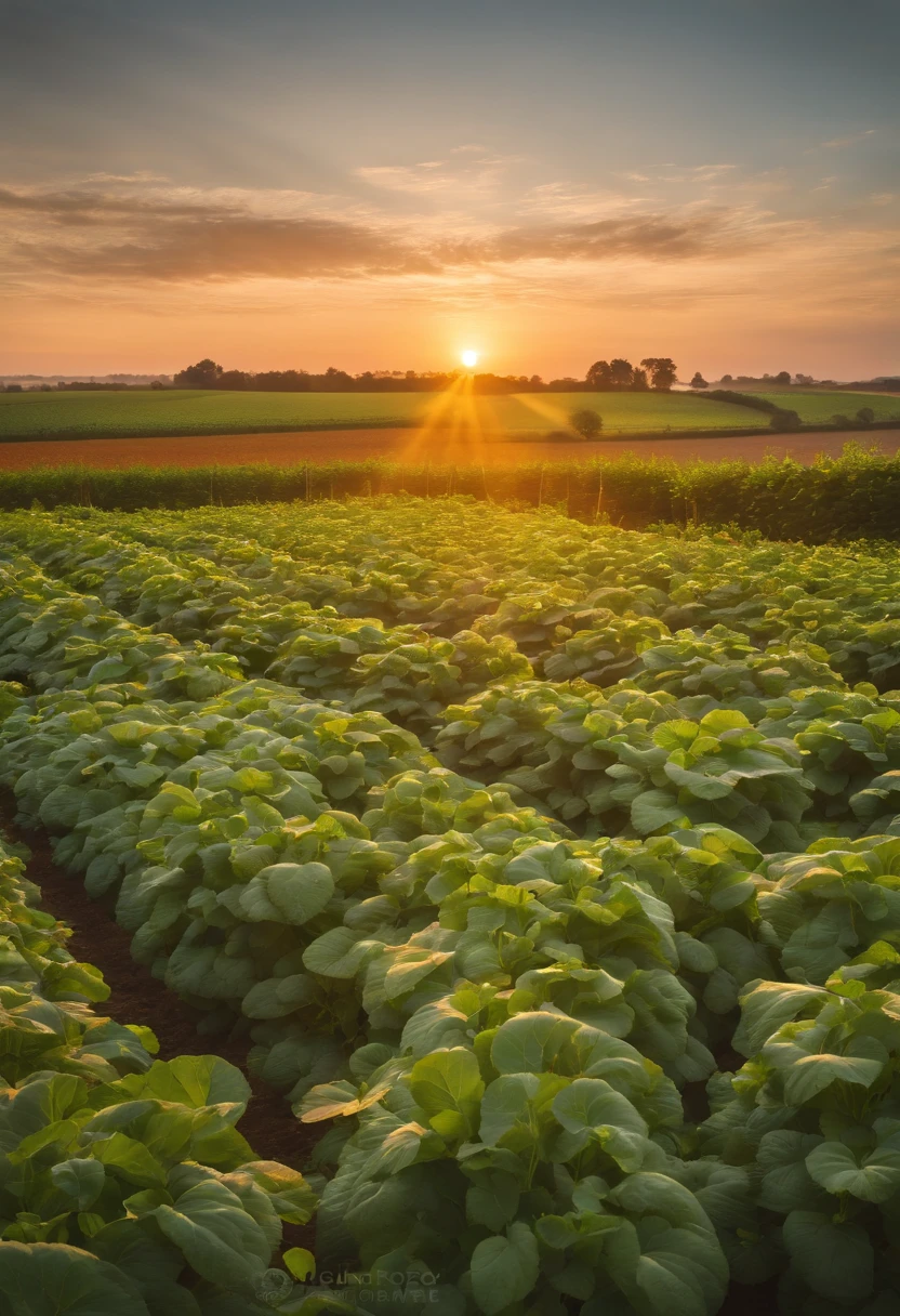 A high-resolution image of a potato field at sunset, with rows of lush green plants and the warm light casting a soft glow on the foliage, capturing the beauty and abundance of this staple crop.