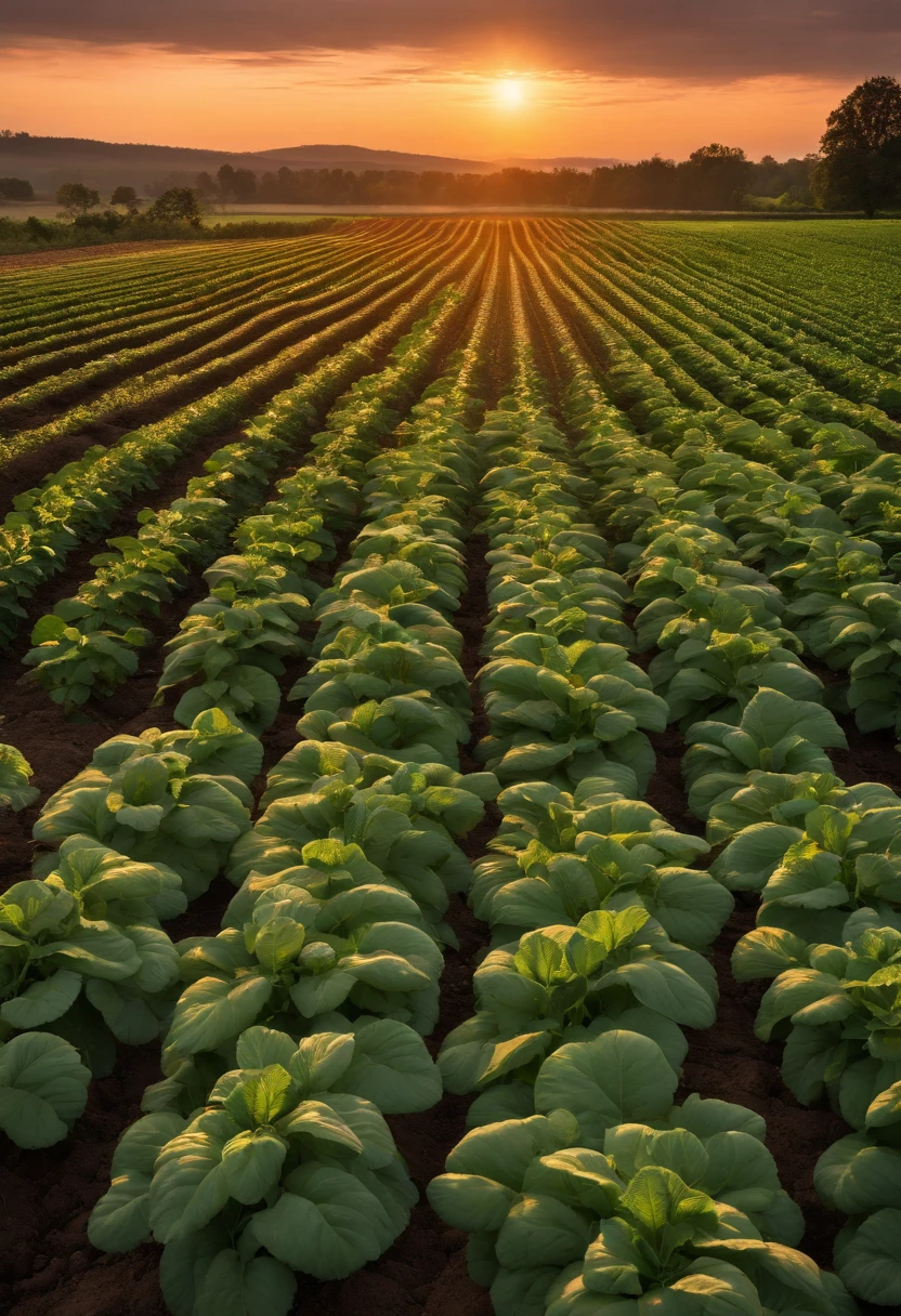 A high-resolution image of a potato field at sunset, with rows of lush green plants and the warm light casting a soft glow on the foliage, capturing the beauty and abundance of this staple crop.