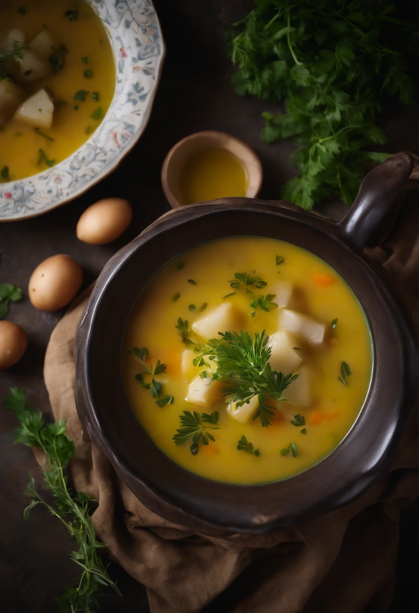A visually pleasing composition of a rustic potato soup in a ceramic bowl, with chunks of potato, herbs, and a drizzle of olive oil on top, creating a visually comforting and nourishing scene.