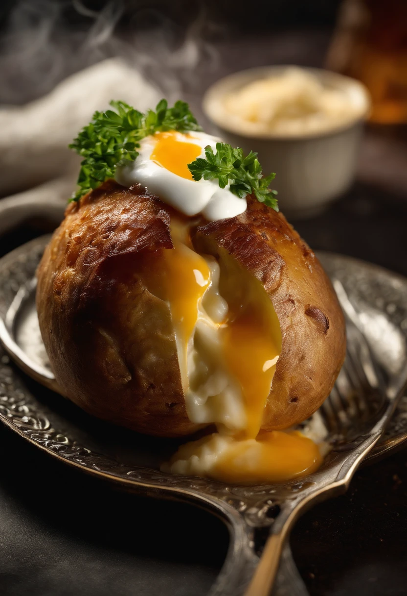 A close-up shot of a fork piercing through a baked potato, with the steam billowing out and the fluffy interior on display, creating a visually enticing and satisfying image.