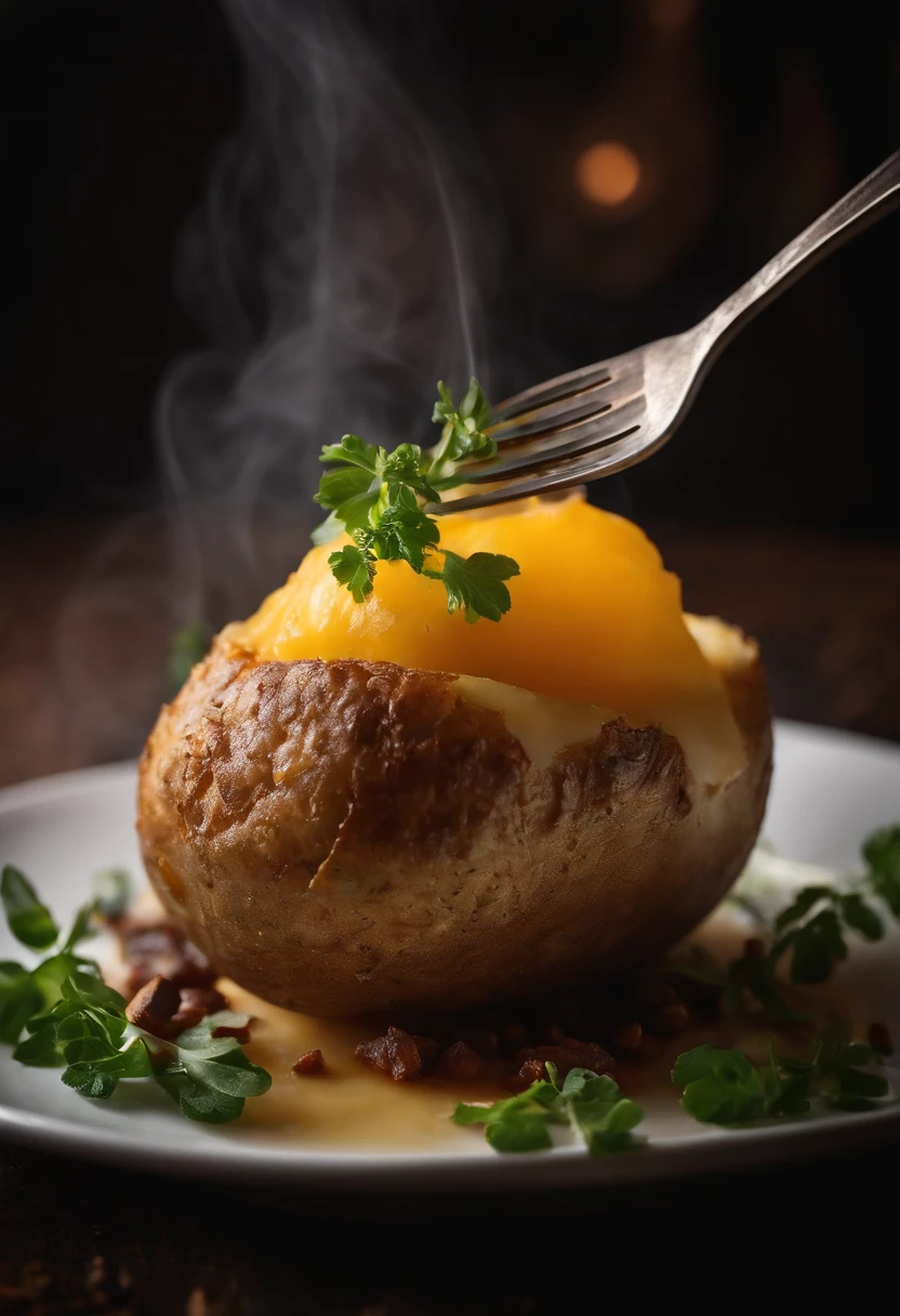 A close-up shot of a fork piercing through a baked potato, with the steam billowing out and the fluffy interior on display, creating a visually enticing and satisfying image.