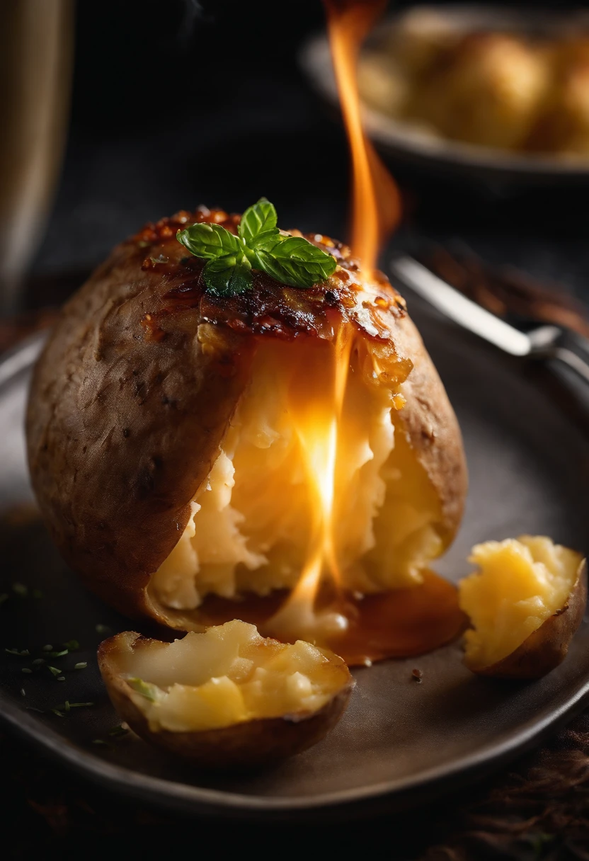 A close-up shot of a fork piercing through a baked potato, with the steam billowing out and the fluffy interior on display, creating a visually enticing and satisfying image.