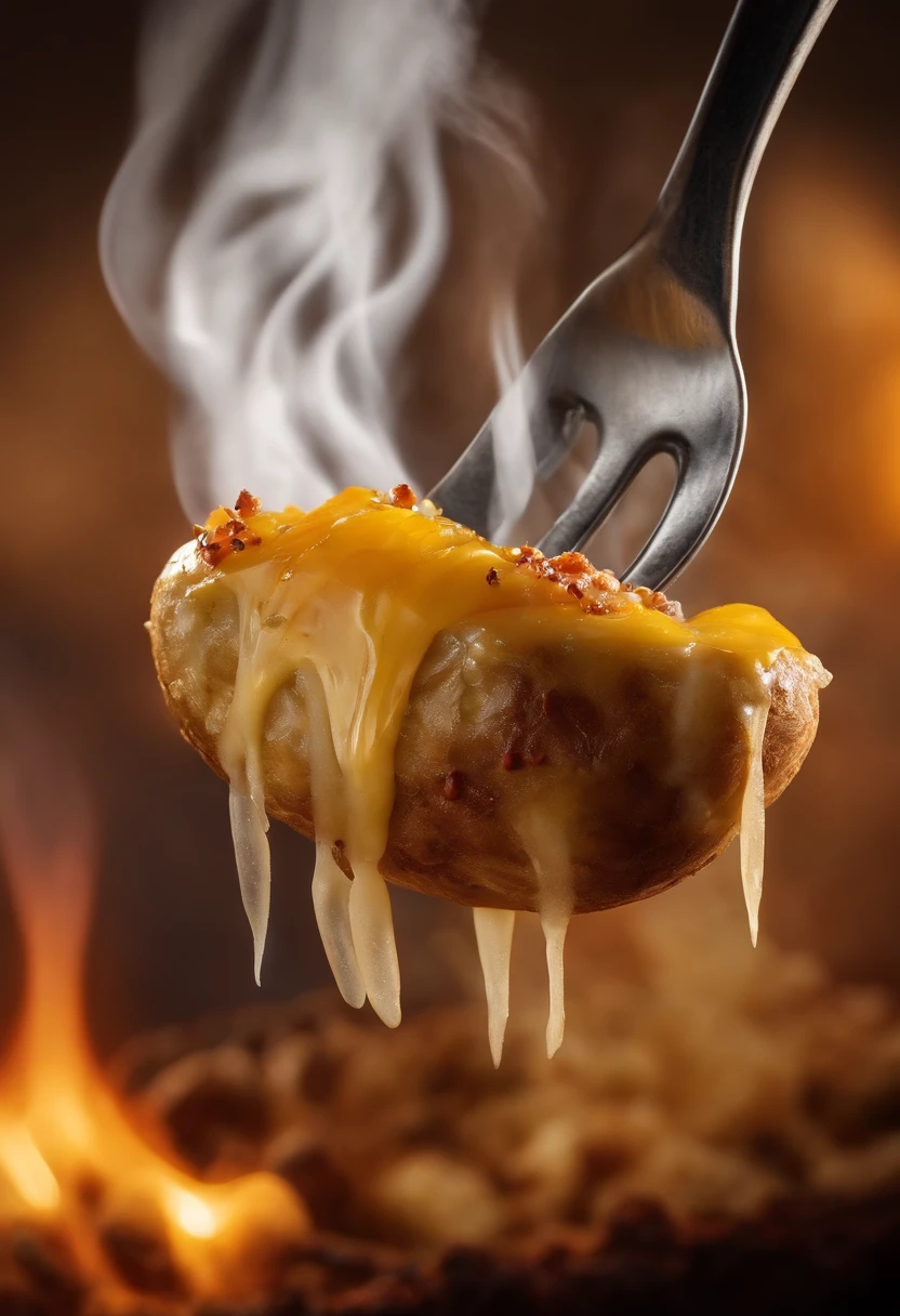 A close-up shot of a fork piercing through a baked potato, with the steam billowing out and the fluffy interior on display, creating a visually enticing and satisfying image.