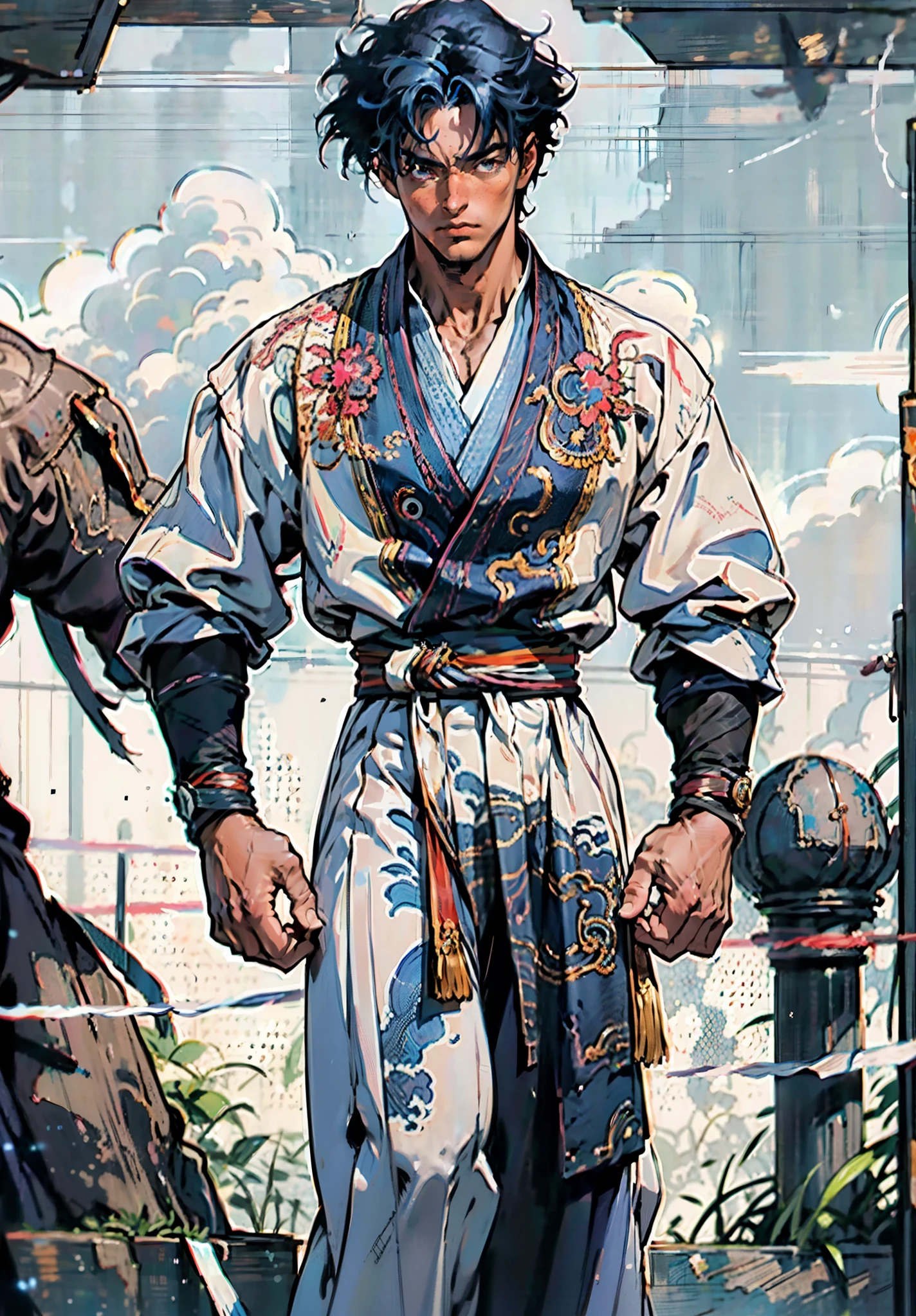 A young man, indigo blue hair, raised and fluffy short hairstyle, sharp gaze, a serious expression, a fantasy martial arts style sky-blue fabric kung fu outfit, tattered sleeves, hands wrapped with cords, a linen belt tied around the waist, coarse fabric trousers, on the cliff in the darkness of the night, this character embodies a finely crafted fantasy martial arts-style fighter in anime style, exquisite and mature manga art style, full body character drawing, high definition, best quality, highres, ultra-detailed, ultra-fine painting, extremely delicate, professional, anatomically correct, symmetrical face, extremely detailed eyes and face, high quality eyes, creativity, RAW photo, UHD, 8k, Natural light, cinematic lighting, masterpiece-anatomy-perfect, masterpiece:1.5