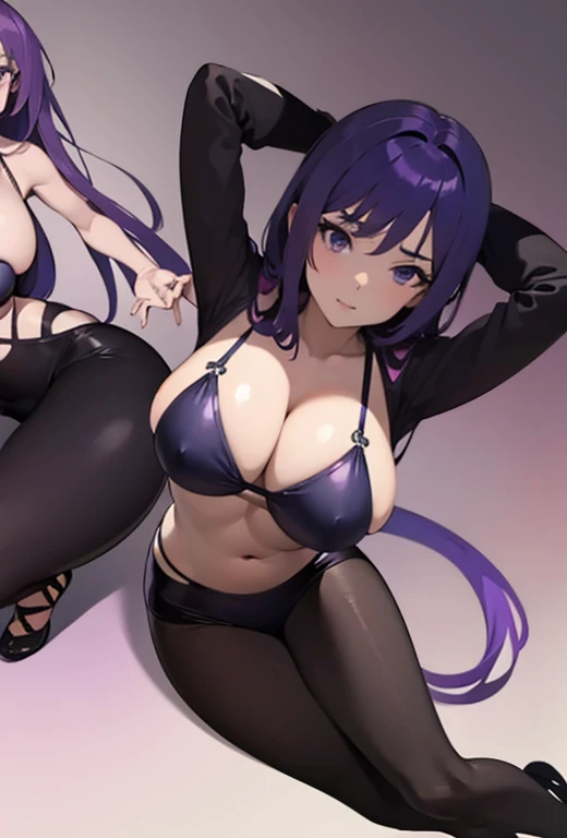 An anime girl,Anime outline,Gorgeous purple hair,Huge cleavage,Wide hips,down view,Photographed from top to bottom,in a bikini,独奏,Exposing armpits,Place your hands behind your head,perfect anatomia,Anime outline,line art,Sit on your knees,(The background is blank),without background