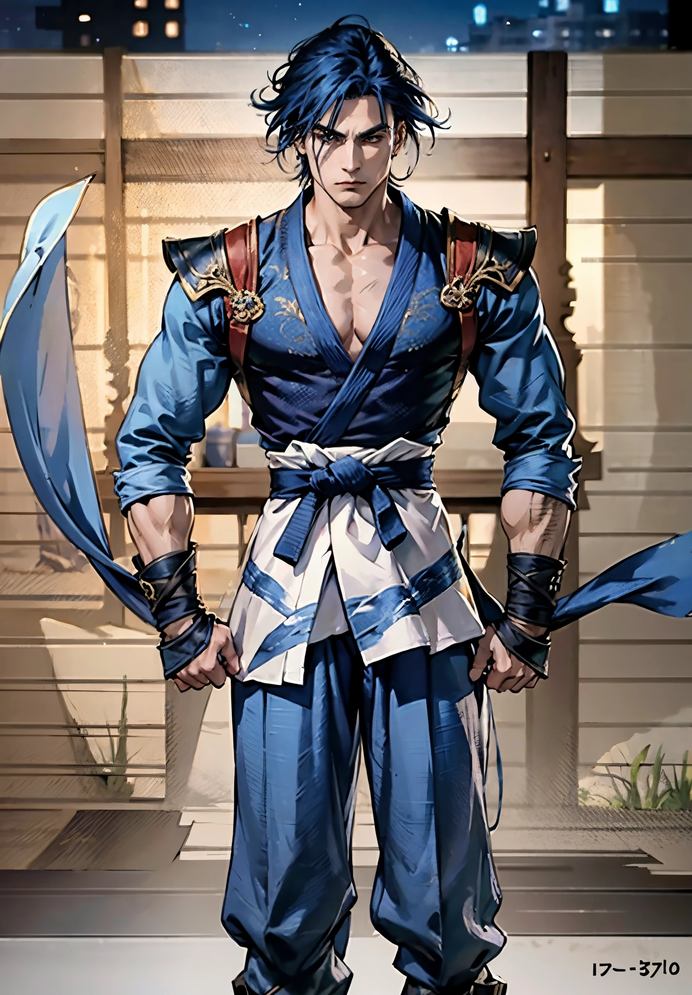 A young man, indigo blue hair, raised and fluffy short hairstyle, sharp gaze, a serious expression, a fantasy martial arts style sky-blue fabric kung fu outfit, tattered sleeves, hands wrapped with cords, a linen belt tied around the waist, coarse fabric trousers, on the cliff in the darkness of the night, this character embodies a finely crafted fantasy martial arts-style fighter in anime style, exquisite and mature manga art style, high definition, best quality, highres, ultra-detailed, ultra-fine painting, extremely delicate, professional, anatomically correct, symmetrical face, extremely detailed eyes and face, high quality eyes, creativity, RAW photo, UHD, 8k, Natural light, cinematic lighting, masterpiece-anatomy-perfect, masterpiece:1.5