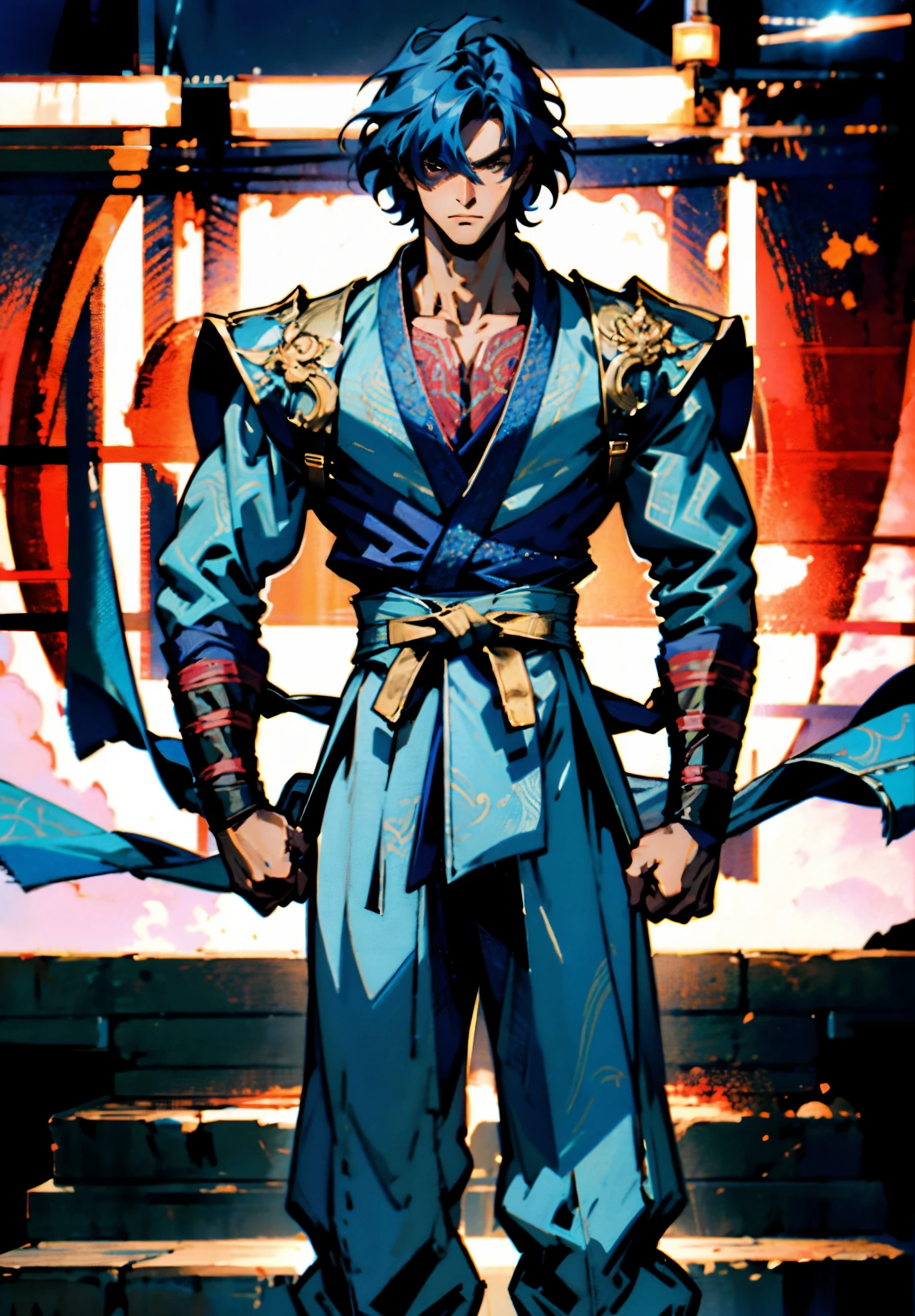 A young man, indigo blue hair, raised and fluffy short hairstyle, sharp gaze, a serious expression, a fantasy martial arts style sky-blue fabric kung fu outfit, tattered sleeves, hands wrapped with cords, a linen belt tied around the waist, coarse fabric trousers, on the cliff in the darkness of the night, this character embodies a finely crafted fantasy martial arts-style fighter in anime style, exquisite and mature manga art style, high definition, best quality, highres, ultra-detailed, ultra-fine painting, extremely delicate, professional, anatomically correct, symmetrical face, extremely detailed eyes and face, high quality eyes, creativity, RAW photo, UHD, 8k, Natural light, cinematic lighting, masterpiece-anatomy-perfect, masterpiece:1.5