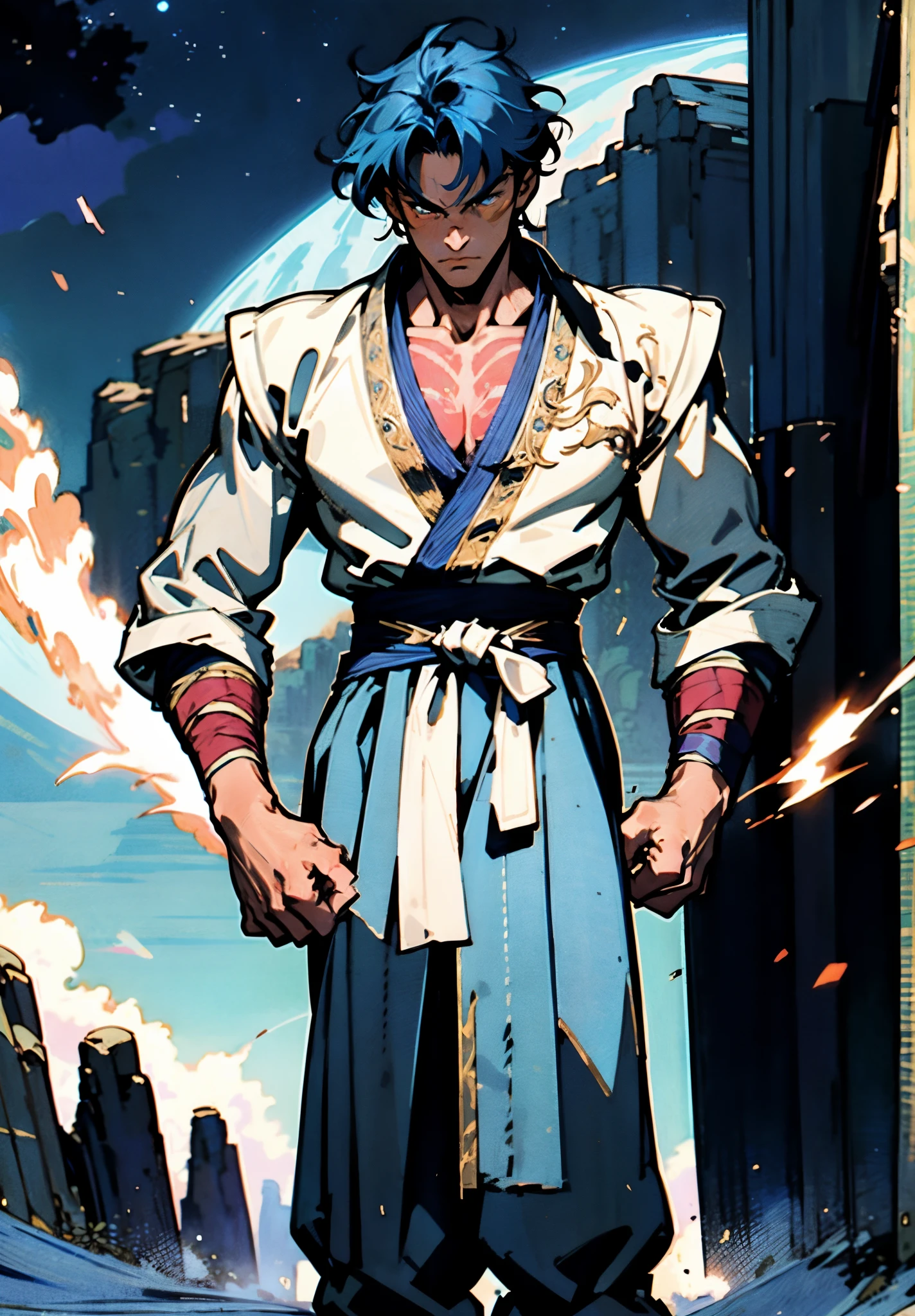 A young man, indigo blue hair, raised and fluffy short hairstyle, sharp gaze, a serious expression, a fantasy martial arts style sky-blue fabric kung fu outfit, tattered sleeves, hands wrapped with cords, a linen belt tied around the waist, coarse fabric trousers, on the cliff in the darkness of the night, this character embodies a finely crafted fantasy martial arts-style fighter in anime style, exquisite and mature manga art style, high definition, best quality, highres, ultra-detailed, ultra-fine painting, extremely delicate, professional, anatomically correct, symmetrical face, extremely detailed eyes and face, high quality eyes, creativity, RAW photo, UHD, 8k, Natural light, cinematic lighting, masterpiece-anatomy-perfect, masterpiece:1.5