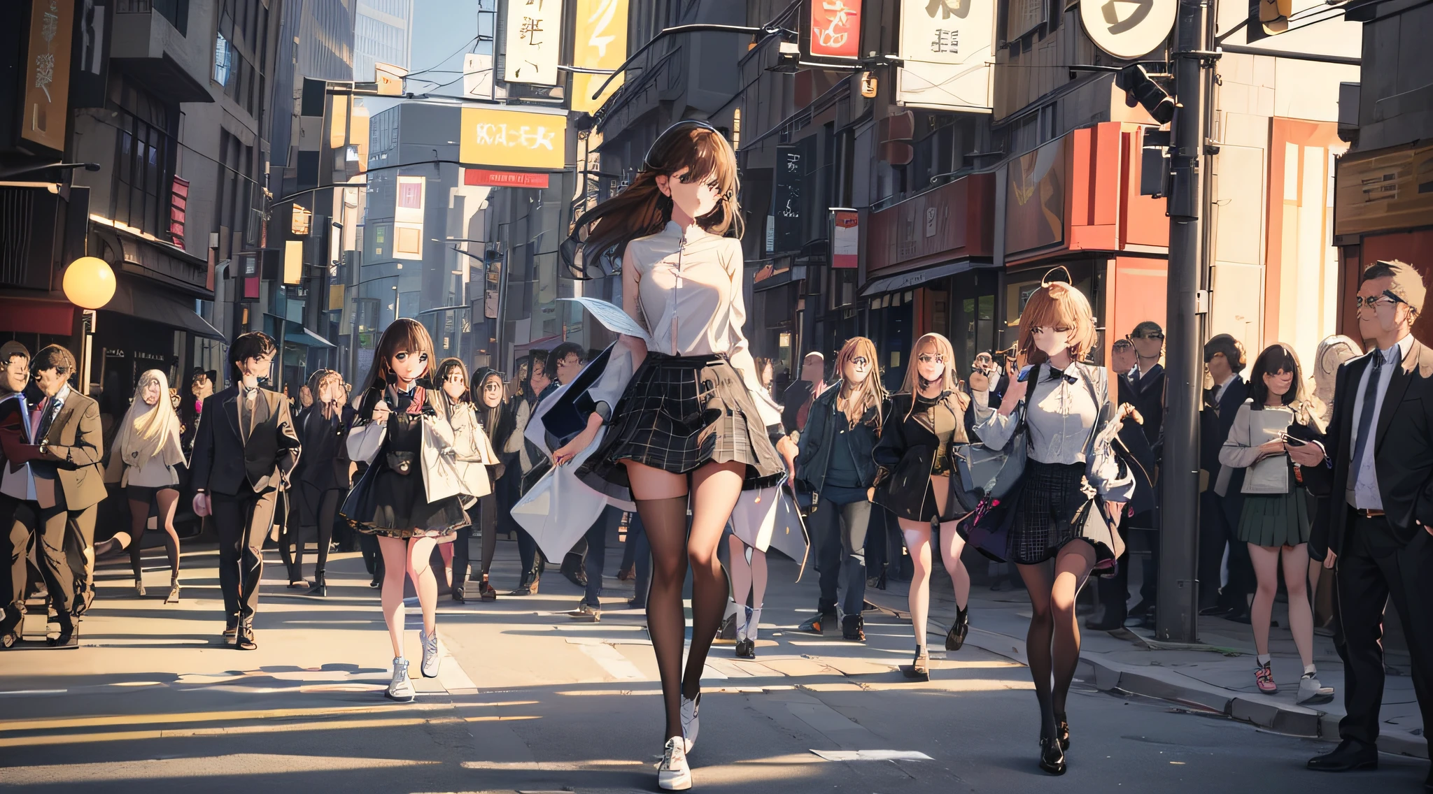 University student walking home (full body 1.6) through downtown Tokyo after a day of work, (illustration:1.4), (distinct image:1.2),(delicate illustration: 1.2), 8k,(detailed face:1.3), (highlights in eyes:1.3), (detailed hair:1.3), (detailed skin:1.3), {Best Quality},{{Masterpiece}},{High Resolution}, Original, Extremely Detailed 8K Wallpaper, cowboy shot, {Extremely Delicate and Beautiful}, (illustration),(detailed light),((an extremely delicate and beautiful)),dramatic_shadow,ray_tracing,shiny skin,large breasts,pretty legs, socks, shoes, chequered skirt, dark hair,