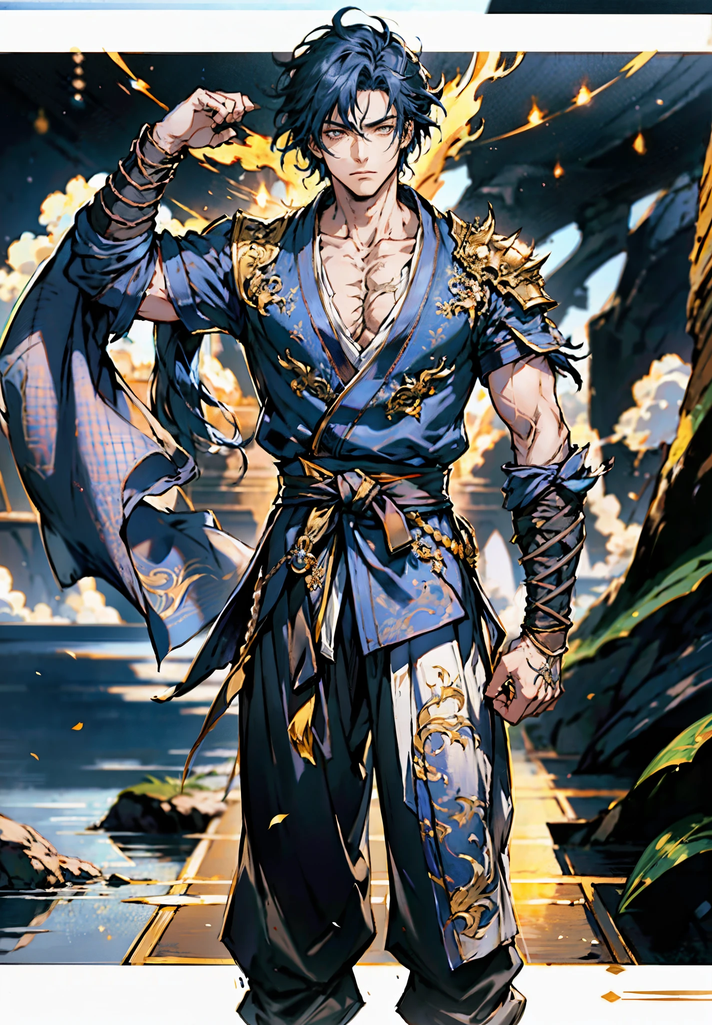 A young man, indigo blue hair, raised and fluffy short hairstyle, sharp gaze, a serious expression, a fantasy martial arts style sky-blue fabric kung fu outfit, tattered sleeves, hands wrapped with cords, a linen belt tied around the waist, coarse fabric trousers, on the cliff in the darkness of the night, this character embodies a finely crafted fantasy martial arts-style fighter in anime style, exquisite and mature manga art style, high definition, best quality, highres, ultra-detailed, ultra-fine painting, extremely delicate, professional, anatomically correct, symmetrical face, extremely detailed eyes and face, high quality eyes, creativity, RAW photo, UHD, 8k, Natural light, cinematic lighting, masterpiece-anatomy-perfect, masterpiece:1.5