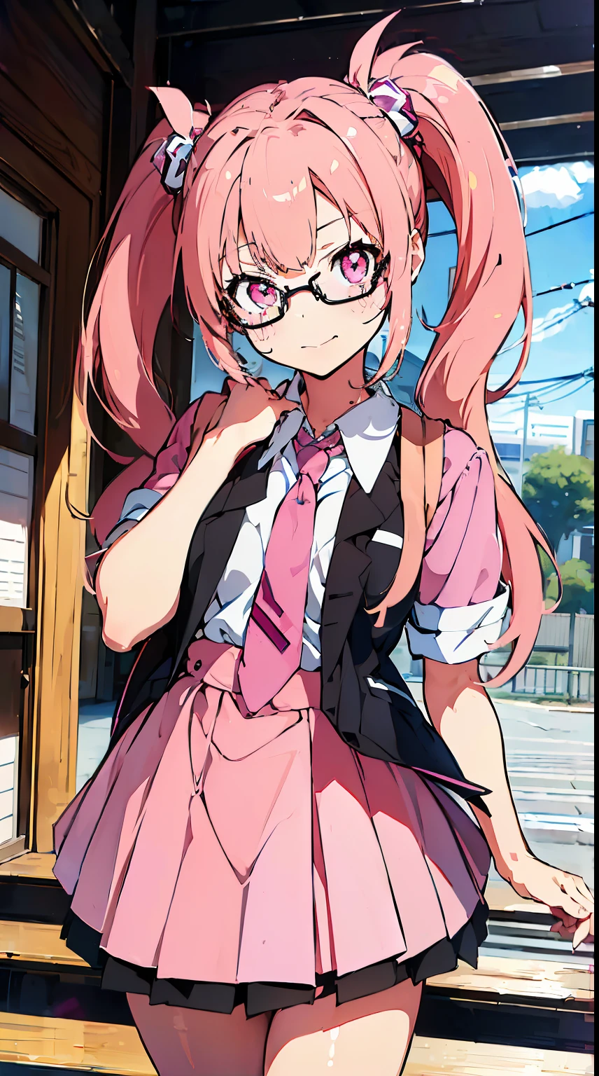 ((masutepiece,of the highest quality, ultra-detailliert)),((Anime)),1gail, ((Cute face)),((pink twintails)), ((Girl with glasses)), Standing, School uniform((ultra-quality)), Cowboy Shot,((Station platform)) ,((sharpness)), highly detailed sparkle,nffsw,
 (chromatic abberation:1.3)