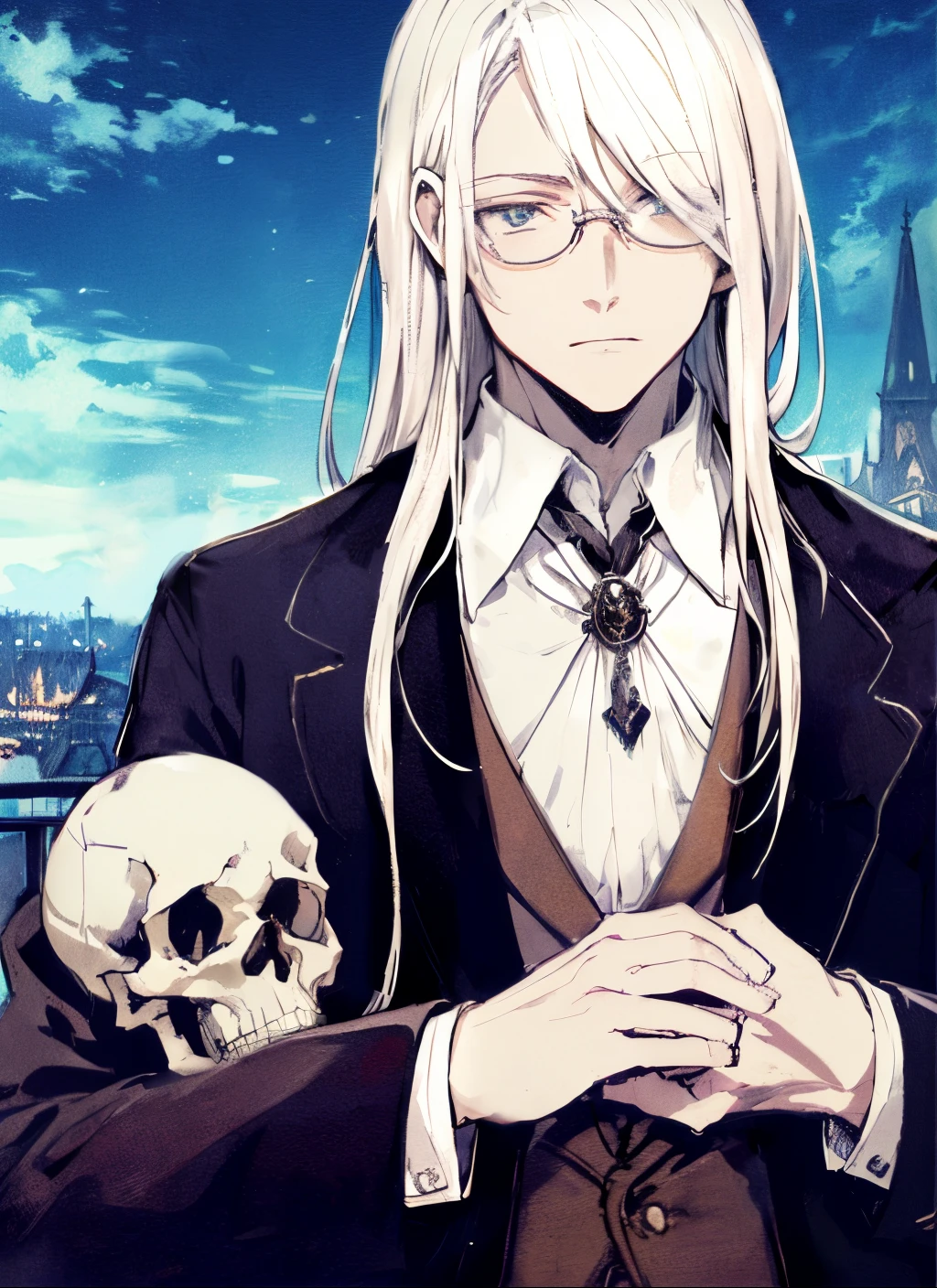 Anime image of a man with long white hair and glasses holding a skull, Key Anime Art, best anime 4k konachan wallpaper, Portrait of a holy necromancer, shigenori soejima illustration, beautiful male god of death, white hair, Detailed key anime art, inspired by Yamagata Hiro, Portrait of a necromancer