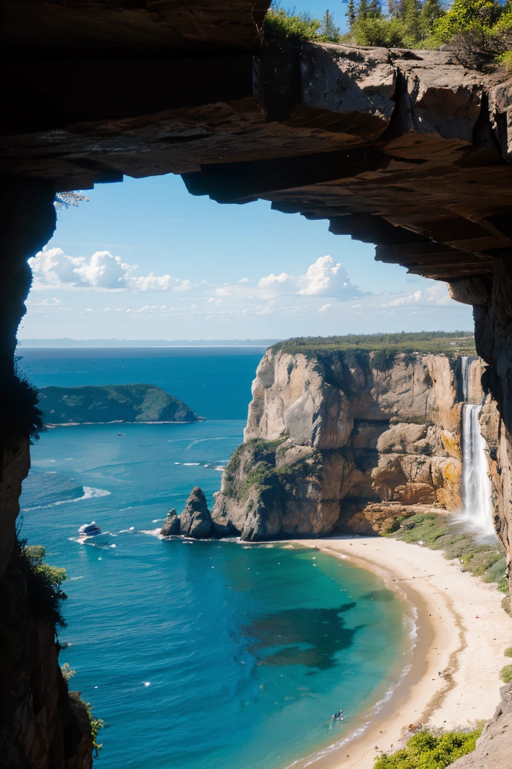 paisagem montanhas, mar azul,