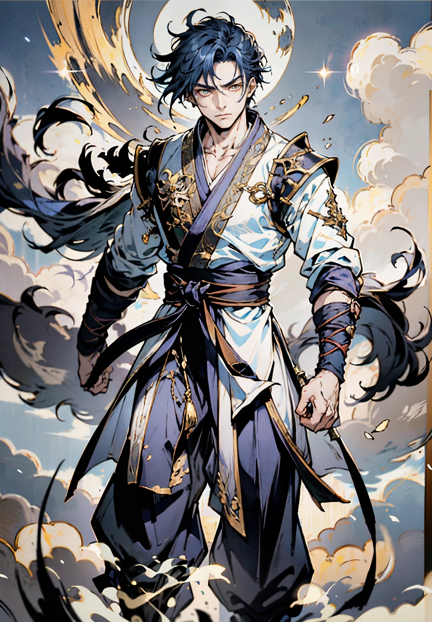 A young man, indigo blue hair, raised and fluffy short hairstyle, sharp gaze, a serious expression, a fantasy martial arts style sky-blue fabric kung fu outfit, tattered sleeves, hands wrapped with cords, a linen belt tied around the waist, coarse fabric trousers, on the cliff in the darkness of the night, this character embodies a finely crafted fantasy martial arts-style fighter in anime style, exquisite and mature manga art style, high definition, best quality, highres, ultra-detailed, ultra-fine painting, extremely delicate, professional, anatomically correct, symmetrical face, extremely detailed eyes and face, high quality eyes, creativity, RAW photo, UHD, 8k, Natural light, cinematic lighting, masterpiece-anatomy-perfect, masterpiece:1.5