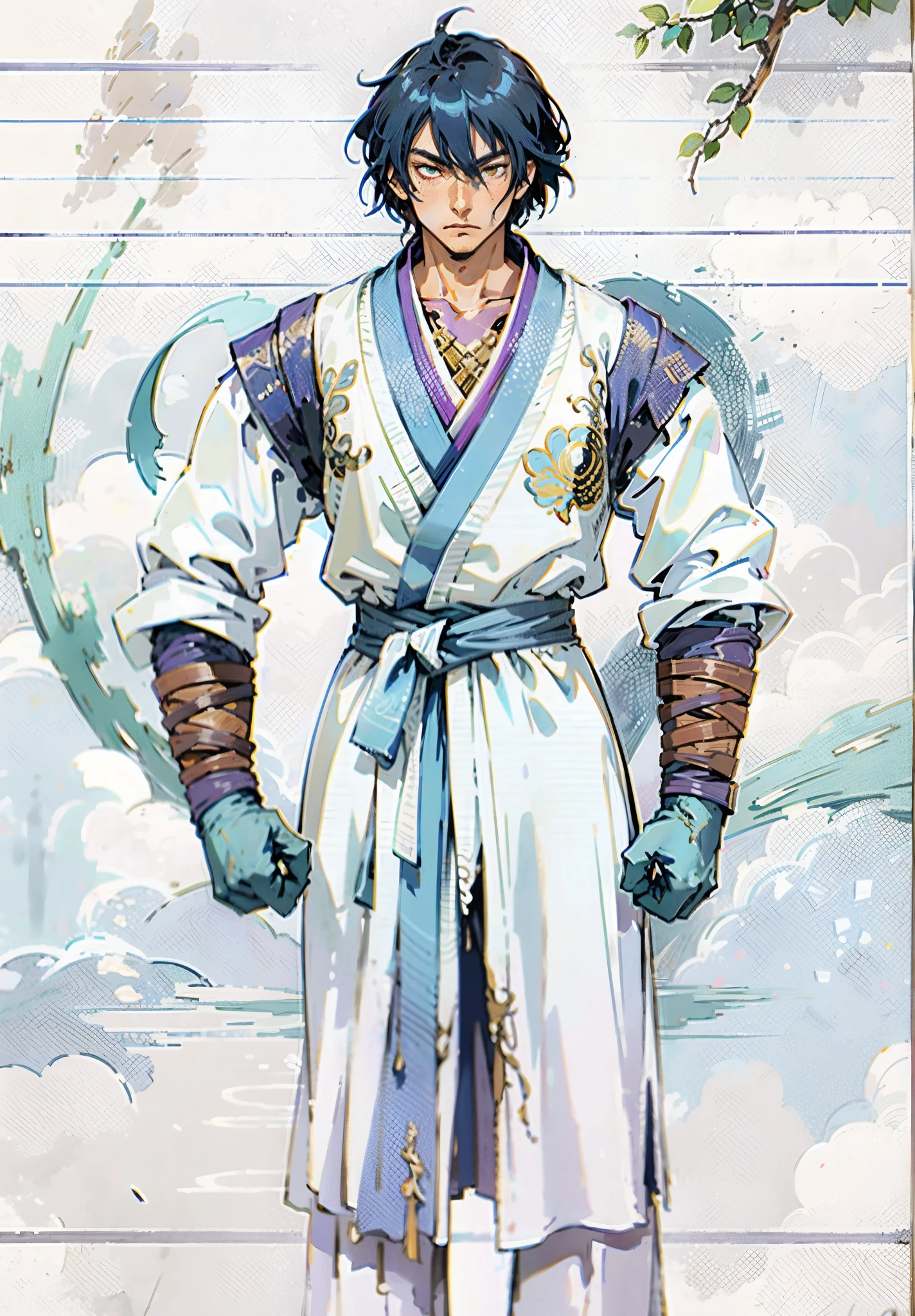 A young man, indigo blue hair, raised and fluffy short hairstyle, sharp gaze, a serious expression, a fantasy martial arts style sky-blue fabric kung fu outfit, tattered sleeves, hands wrapped with cords, a linen belt tied around the waist, coarse fabric trousers, on the cliff in the darkness of the night, this character embodies a finely crafted fantasy martial arts-style fighter in anime style, exquisite and mature manga art style, high definition, best quality, highres, ultra-detailed, ultra-fine painting, extremely delicate, professional, anatomically correct, symmetrical face, extremely detailed eyes and face, high quality eyes, creativity, RAW photo, UHD, 8k, Natural light, cinematic lighting, masterpiece-anatomy-perfect, masterpiece:1.5