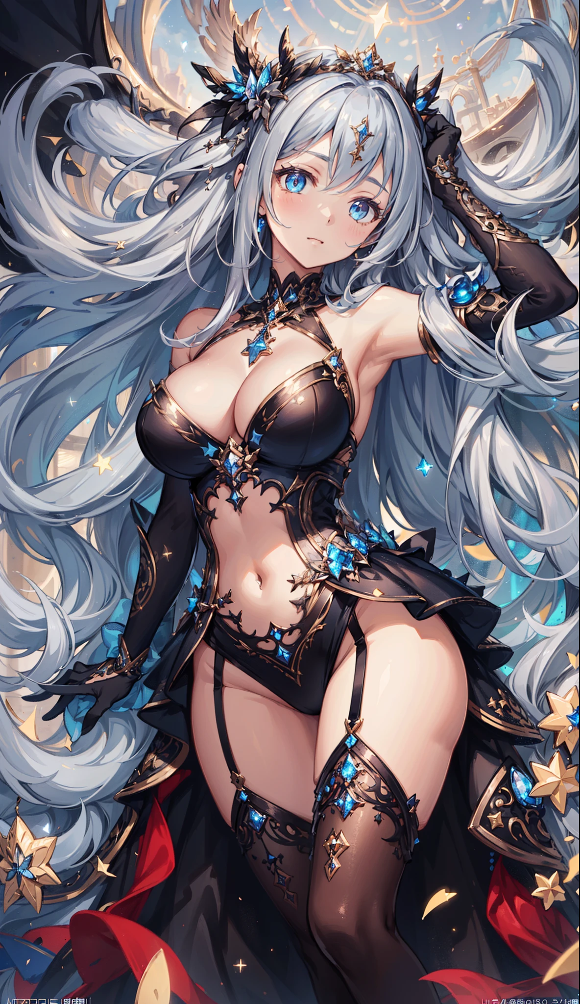 1 girl, (((ultra-detailed))), ((masterpiece)), ((illustration)), sensual, starlight saintess, black ornate dress, curvaceous woman, head veil, long silver hair, fair skin, droopy eyes, starry eyes like the night sky, bust up, facing forward
