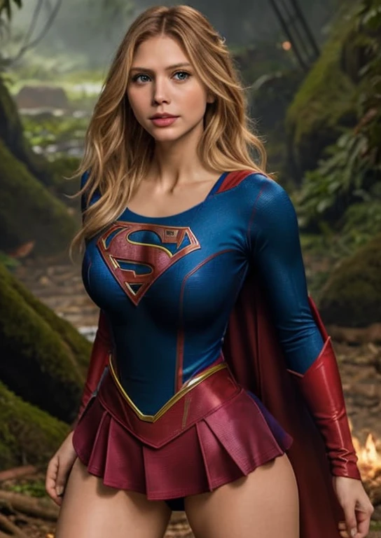 Obra maestra, una imagen de cuerpo completo de la bella Supergirl, traje rojo y azul, hermosa mujer diosa rubia Supergirl, con botas brillantes, en pose de lucha, Supergirl, en la selva, de pie junto a una ciudad abandonada