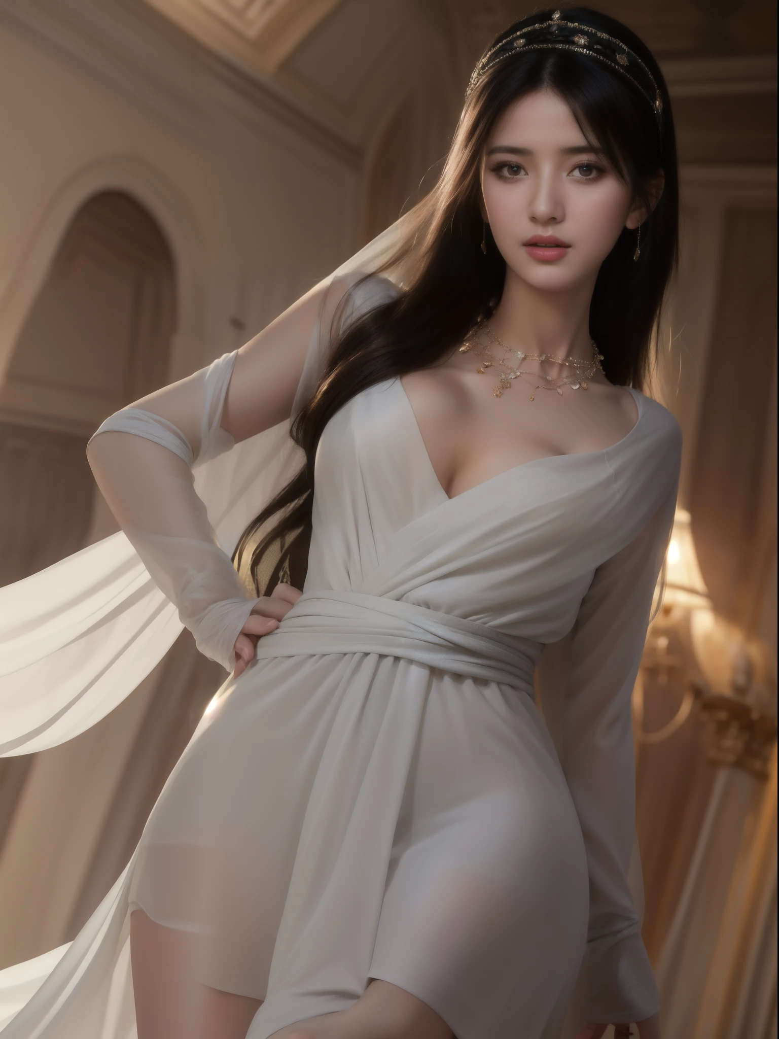 best quality, masterpiece, highres, moslem female dress, necklace, Beautiful face, (upon body from head to waist:1.37), tyndall effect, photorealistic, dark studio, rim lighting, two tone lighting, 8k uhd, dslr, soft lighting, high quality, volumetric lighting, candid, Photograph, high resolution, 4k, 8k, Bokeh, (hyperrealistic girl), (illustration), (high resolution), (extremely detailed), (best illustration), (beautiful detailed eyes), (best quality), (ultra-detailed), (masterpiece), (wallpaper), (photorealistic), (natural light), (rim lighting), (detailed face), (high detailed realistic skin texture), (anatomically correct), (solo), (1 woman), (heterochromic eyes), (detailed eyes), (sparkling eyes), (long legs), (big breasts), (dynamic pose), (concentrated expression), (wearing hijab:1.4), moslem headscarf, reading glasses.
