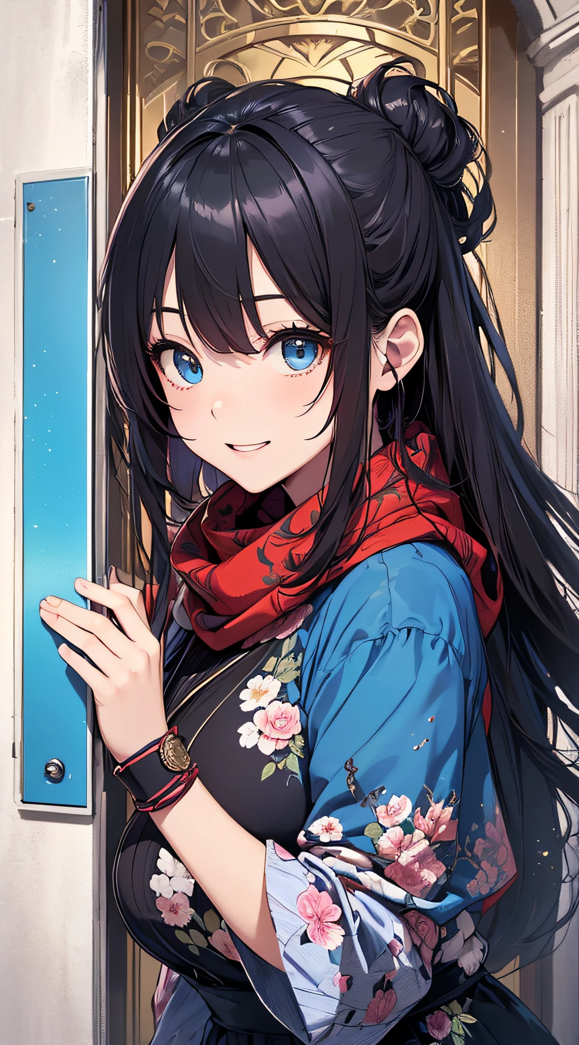 top-quality、Top image quality、masterpiece、girl with((sixteen years old、 ager、cute little、Best Bust、big bast,Beautiful blue eyes、Breasts wide open, Dark hair、red hairs、Longhaire、A slender,Large valleys、,Black floral dress、A smile、blue scarf、Black wristband)),hiquality、Beautiful Art、Background with((Large space、Door leading to another dimension)))、,masutepiece、depth of fields,Cinematic style
