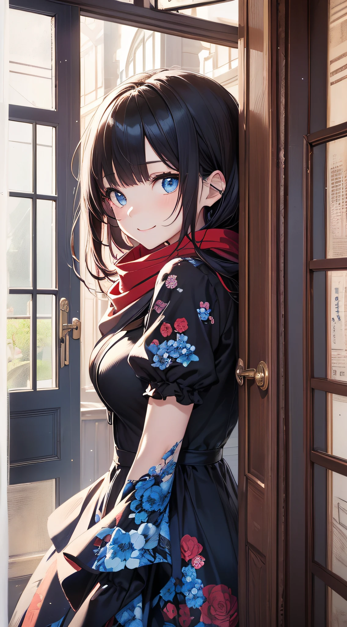 top-quality、Top image quality、​masterpiece、girl with((、teen ager、cute lit Bust、big bast,Beautiful blue eyes、Breasts wide open, Dark hair、red hairs、Longhaire、A slender,Large valleys、,Black floral dress、A smile、blue scarf、Black wristband)),hiquality、Beautiful Art、Background with((Large space、Door leading to another dimension)))、,masutepiece、depth of fields,Cinematic style