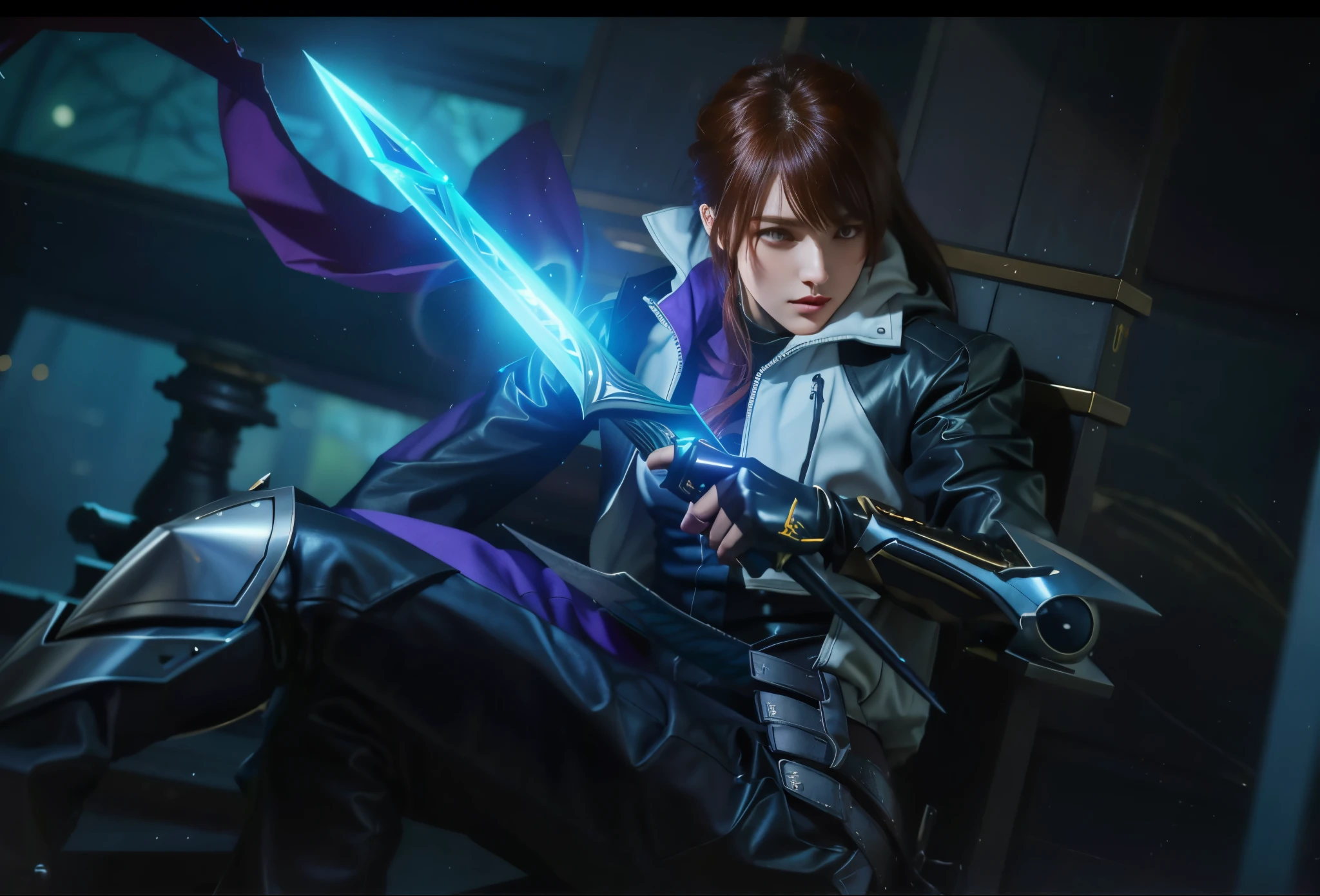 a close up of a person holding a sword in a dark room, kda, heise jinyao, style league of legends, splash art, glaive, leblanc, valentina remenar, range murata and artgerm, league of legends character, ezreal (league of legends, style of league of legends, arcane jayce,HD lighting and dark )<=(epic image quality)dark atmosphere with bright particle light(many effects in background)