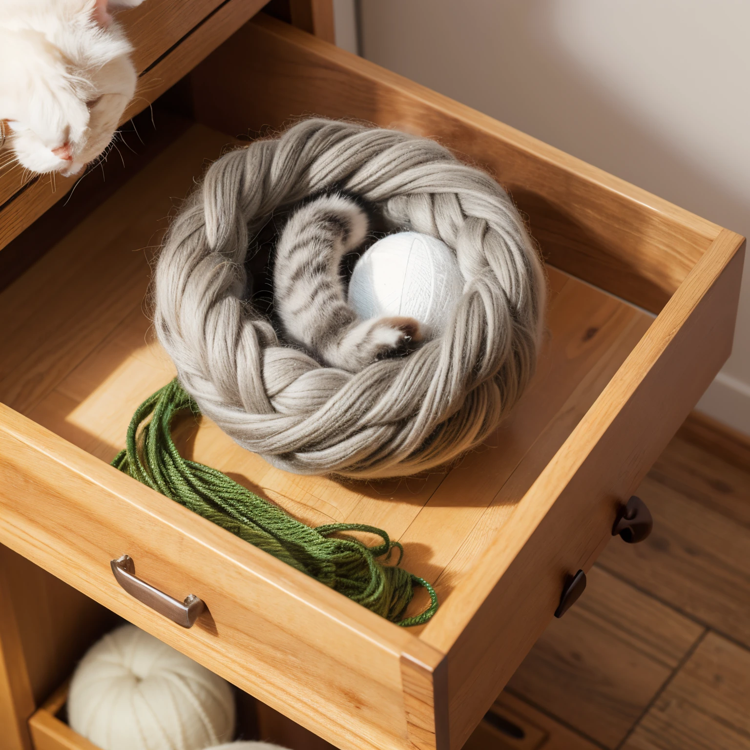 Half top view of drawer cat playing with ball of yarn