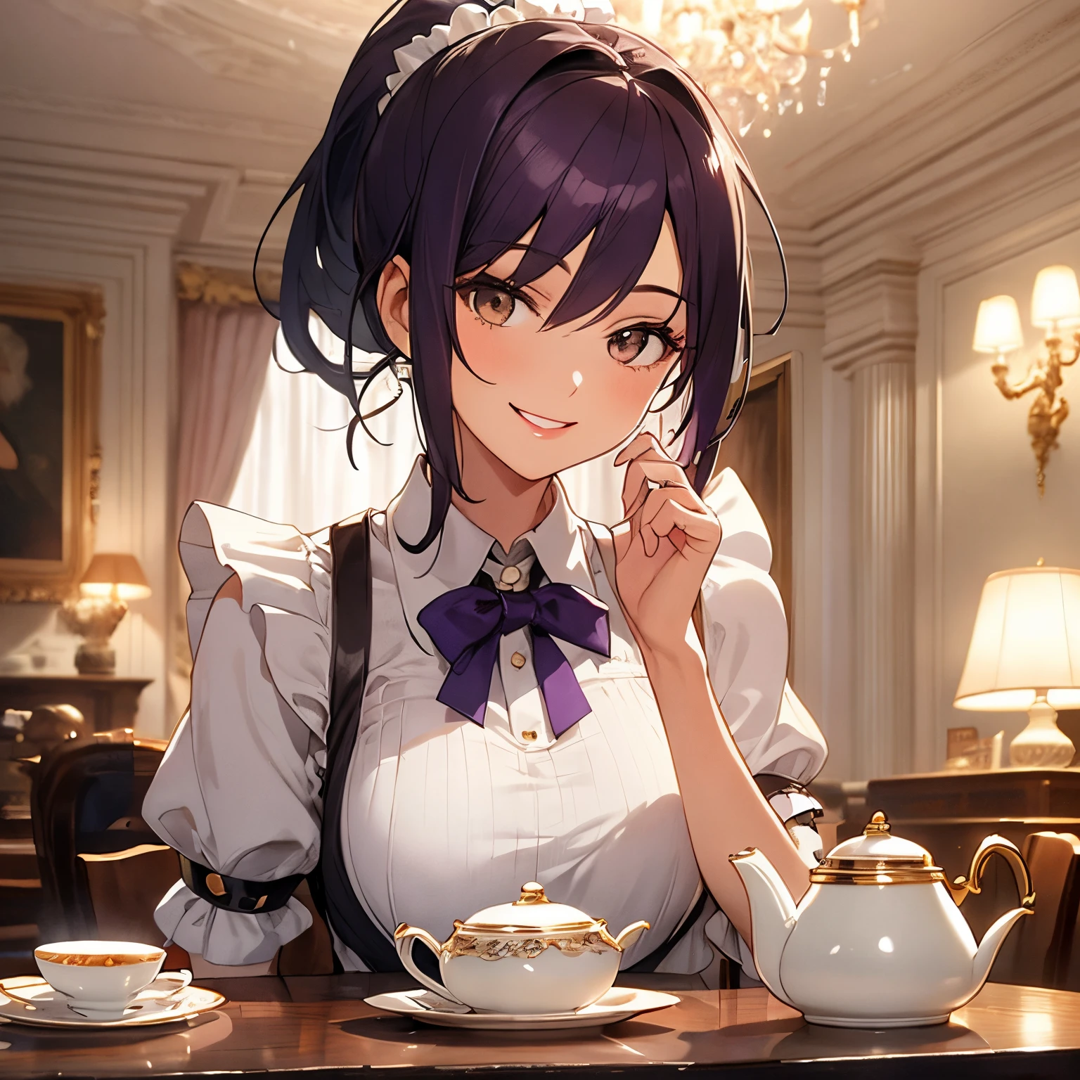 portrait, eye focus, girl, dark purple hair, brown eyes, ponytail, cool and intelligent personality, medium breasts, slender body, classical maid uniform, smile, Pour over tea, teaset on the table, luxury room, vintage mansion,