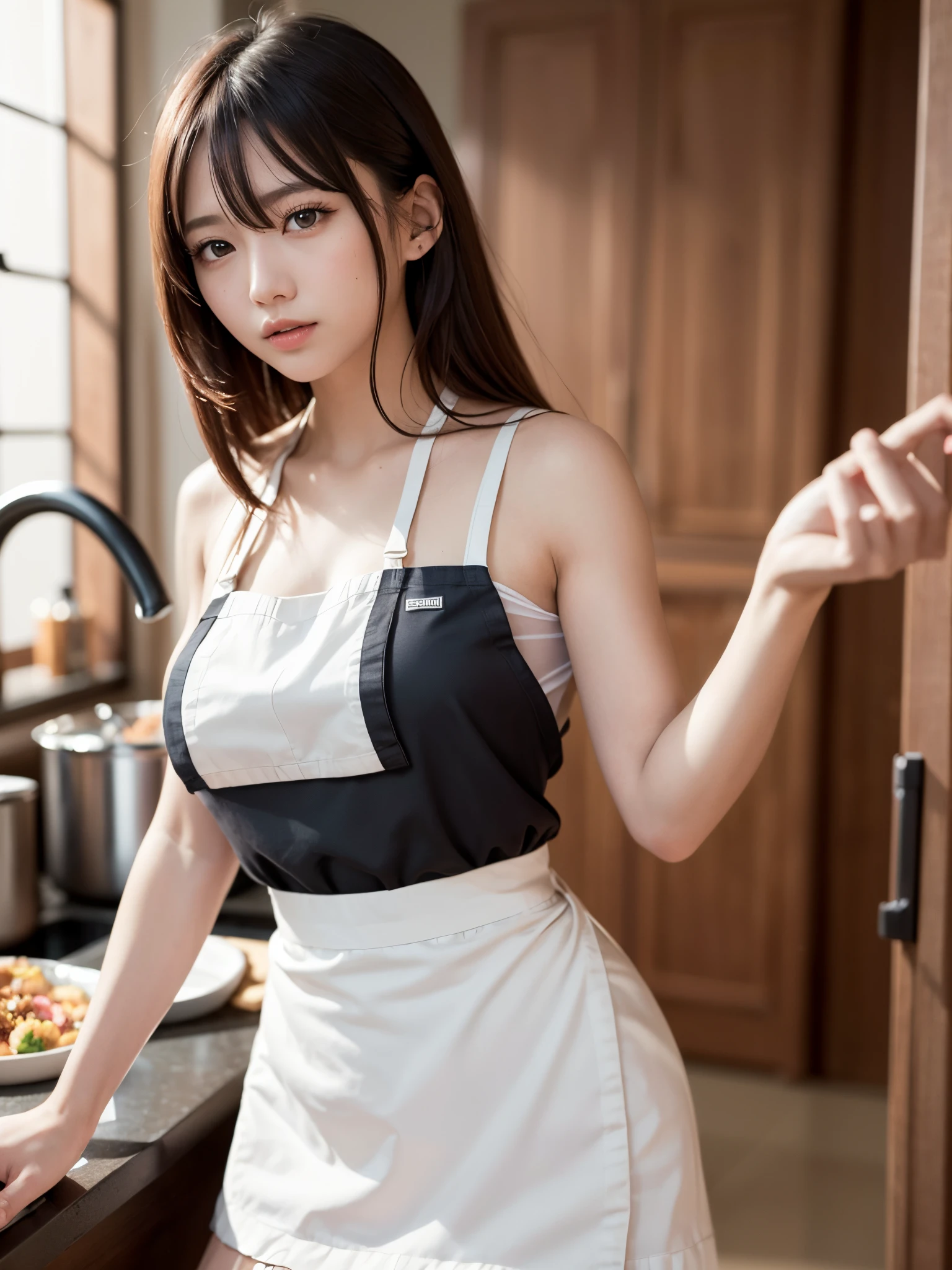 ((masterpiece)), ((best quality)), (ultra-detailed), ((extremely detailed)), 4K, (8K), best quality, (beautiful), realistic, real, dynamic angle0, front view ,a Japanese young pretty woman , Kitchen, daytime, a big smile in front of a sumptuous meal, cowboy shot,glamorous figure ,long bob hair ,1girl, solo,  (Wearing apron:1.3), (mini-skirt:1.3),cowboy shot,((beautiful eyes)), large breast, hyper cute face, glossy lips, double eyelids for both eyes, long eyelashes ,natural makeup, shiny smooth light brown hair of long bob hair, asymmetrical bangs, high resolution, high detail, detailed hairstyle, detailed face, cinematic lighting, octane rendering, hyper realistic, perfect limbs, perfect anatomy