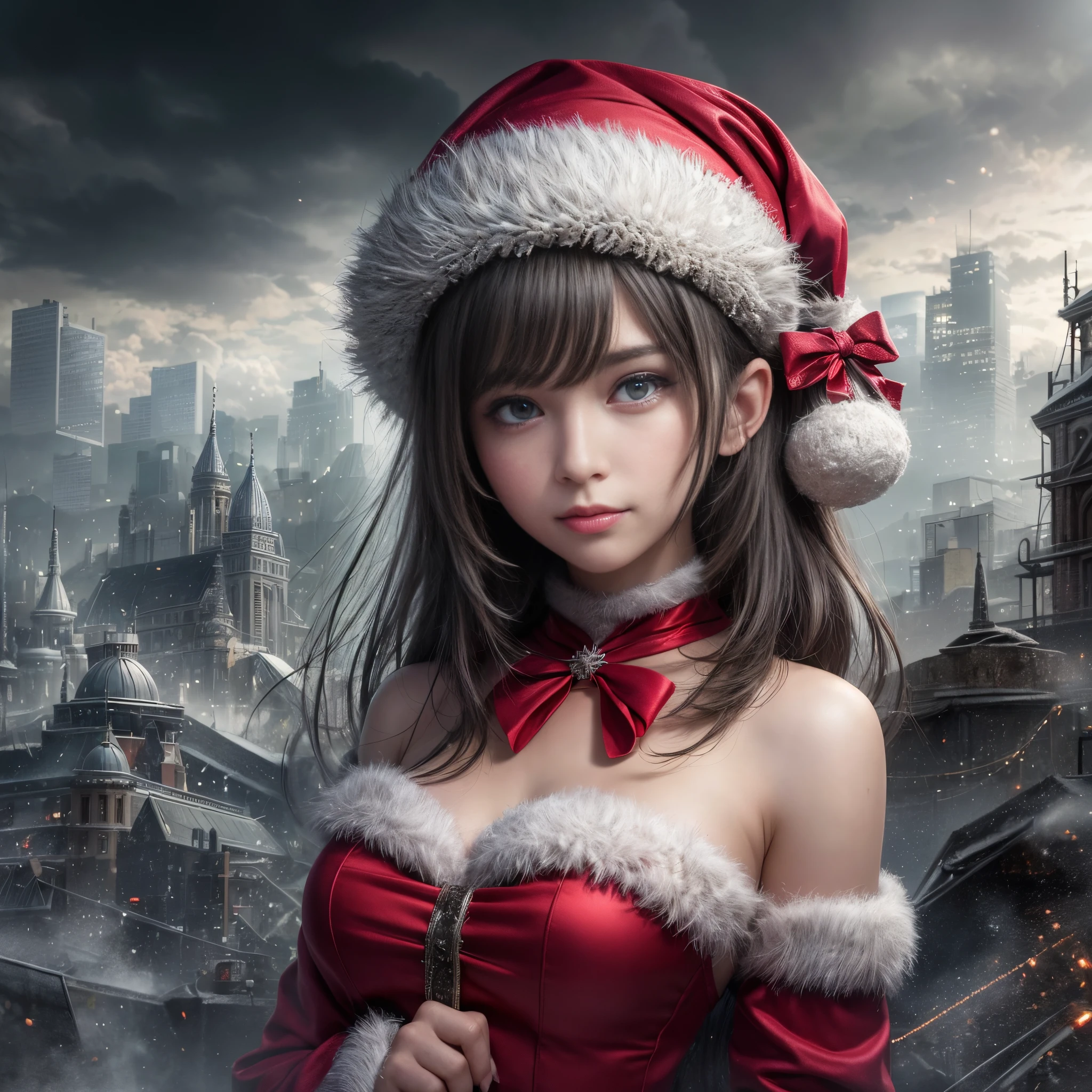 (Raw photo:1.2), (Photorealistic), Beautiful detailed girl, Very detailed eyes and face, Beautiful detailed eyes, Huge file size, High resolution, Very detailed, Best Quality, [masutepiece:1.6], Illustration, Very detailed, Fine detail, Best Quality, 8K Wallpaper, Movie Lighting,Dark Santa Claus young woman who ruled the world, Desolate world, Santa Claus costume, A fearless smile in a desolate world ,A world without anyone, Broken cityscape, Santa Claus woman who conquered the world