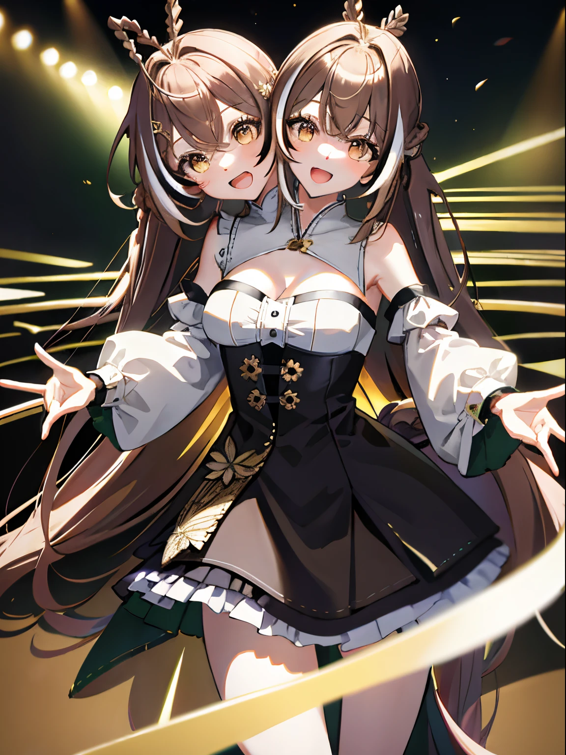 (masterpiece, best quality), best resolution, (2heads:1.5), 1girl, nanashi mumei character, extremely long brown hair, extremely long ponytails braided together, hair between heads, hair reaching floor, brown eyes, different facial expressions, nanashi mumei, long hair, yellow eyes, open mouth, smile, tired, singing, dancing,detached sleeves, concert stage