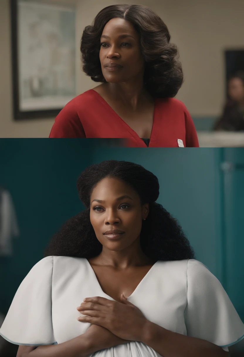 An image of Serena standing in the Gilead birthing center, overseeing the care of expectant mothers with a look of compassion and determination,The Handmaid's Tale,Serena Joy, a pivotal character in “The Handmaid’s Tale,” exudes a composed and elegant demeanor, her appearance characterized by the traditional, modest attire mandated for wives in Gilead, often in shades of teal. Her poised exterior, with meticulously styled hair and a stern yet beautiful face, belies the complexity and turmoil beneath.